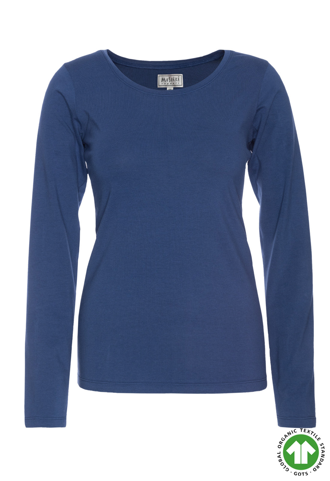 Blaues langarmiges Top der Marke Moshiki auf weißem Hintergrund