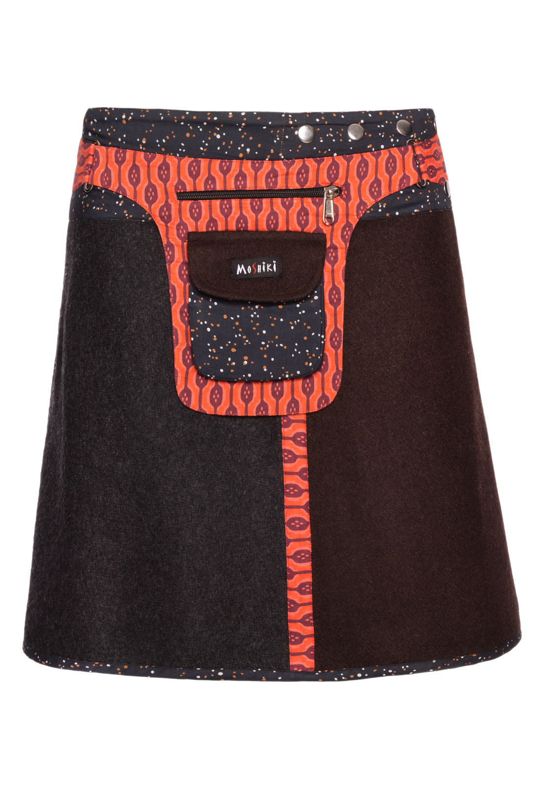 rot-grauer Wickelrock aus Wollfasern der Marke Moshiki auf weissem Hintergrund