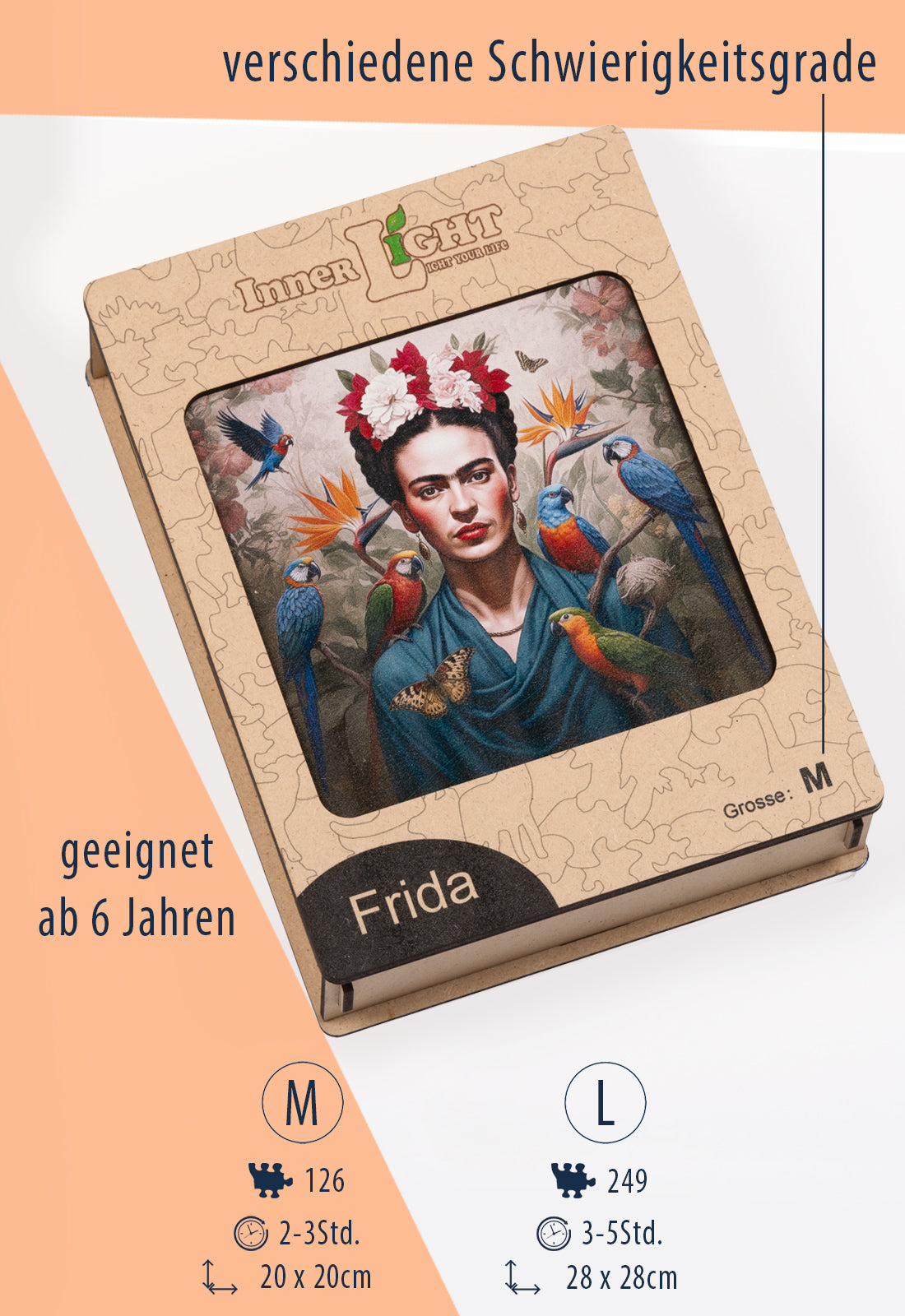 Frida – Ikonisches Porträt im Stil von Frida Kahlo als hochwertiges Holzpuzzle Frida – Ikonisches Porträt im Stil von Frida Kahlo als hochwertiges Holzpuzzle
