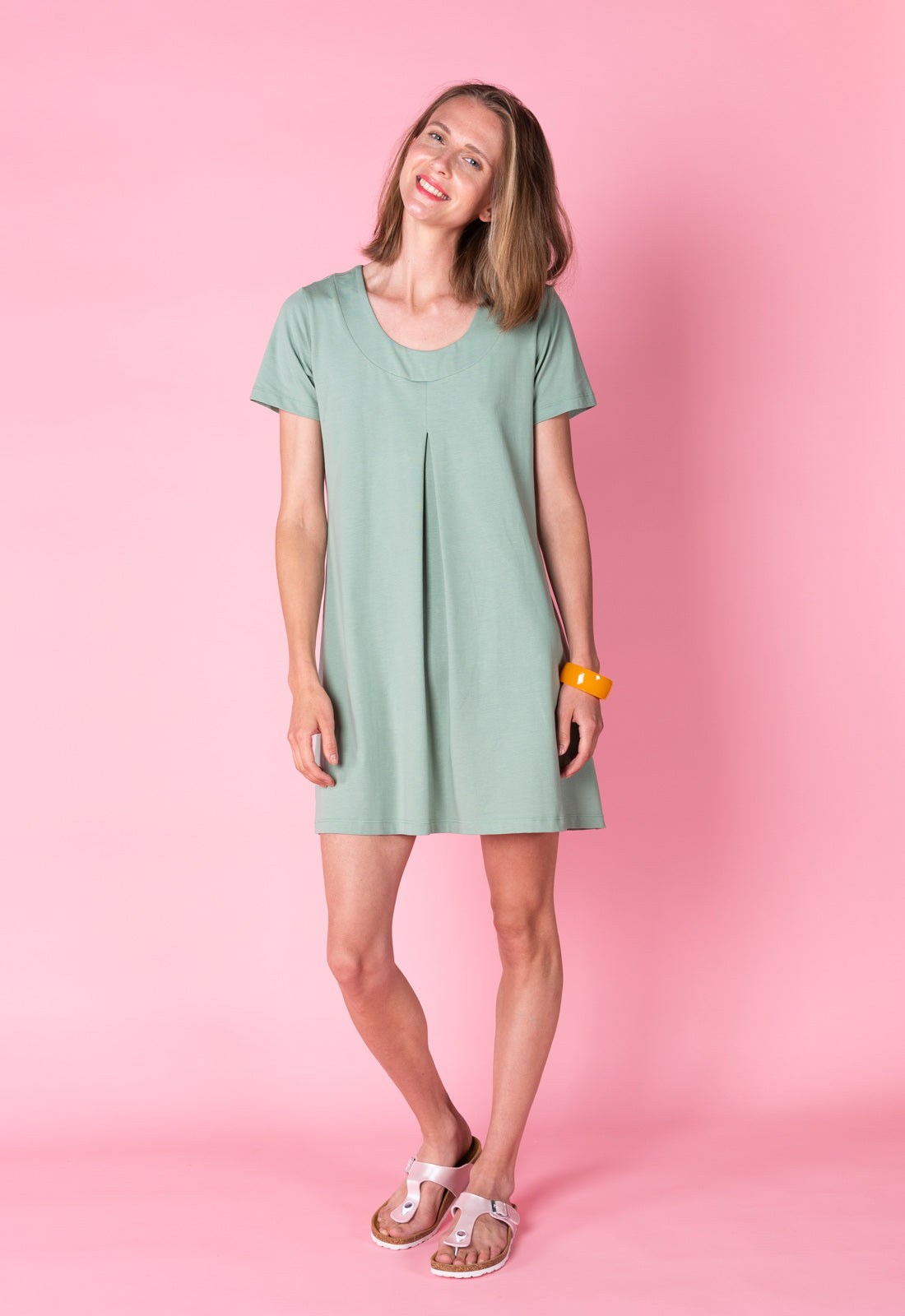 Short-sleeved mini dress with pleated detail - S25Dress-G2 Short-sleeved mini dress with pleated detail - S25Dress-G2