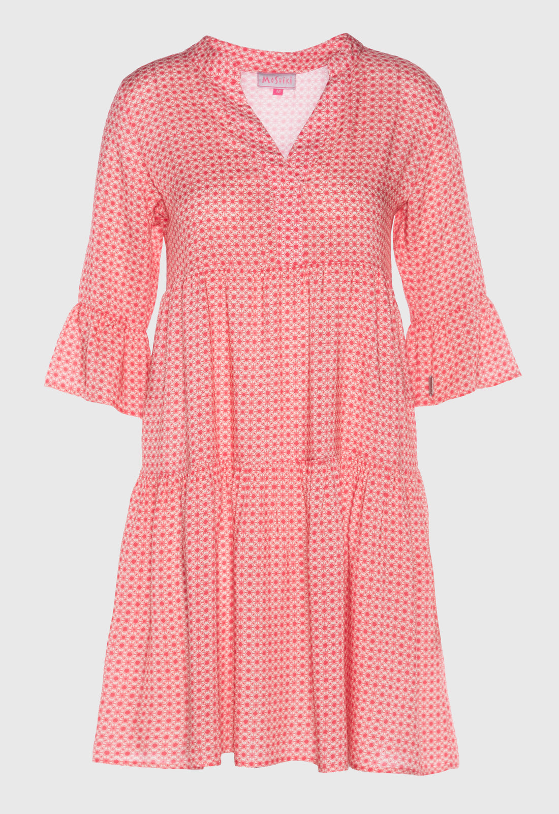 Tiered dress with trumpet sleeves and deep V-neck - S25Dress-R2 Tiered dress with trumpet sleeves and deep V-neck - S25Dress-R2