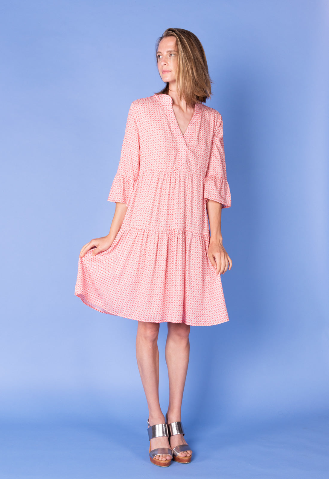 Tiered dress with trumpet sleeves and deep V-neck - S25Dress-R2 Tiered dress with trumpet sleeves and deep V-neck - S25Dress-R2