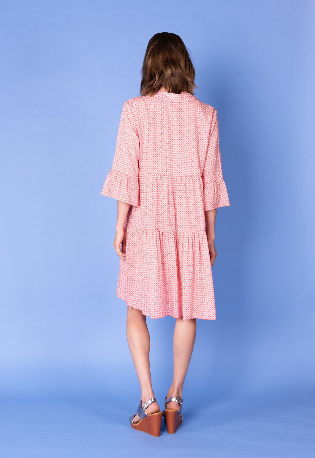 Tiered dress with trumpet sleeves and deep V-neck - S25Dress-R2 Tiered dress with trumpet sleeves and deep V-neck - S25Dress-R2