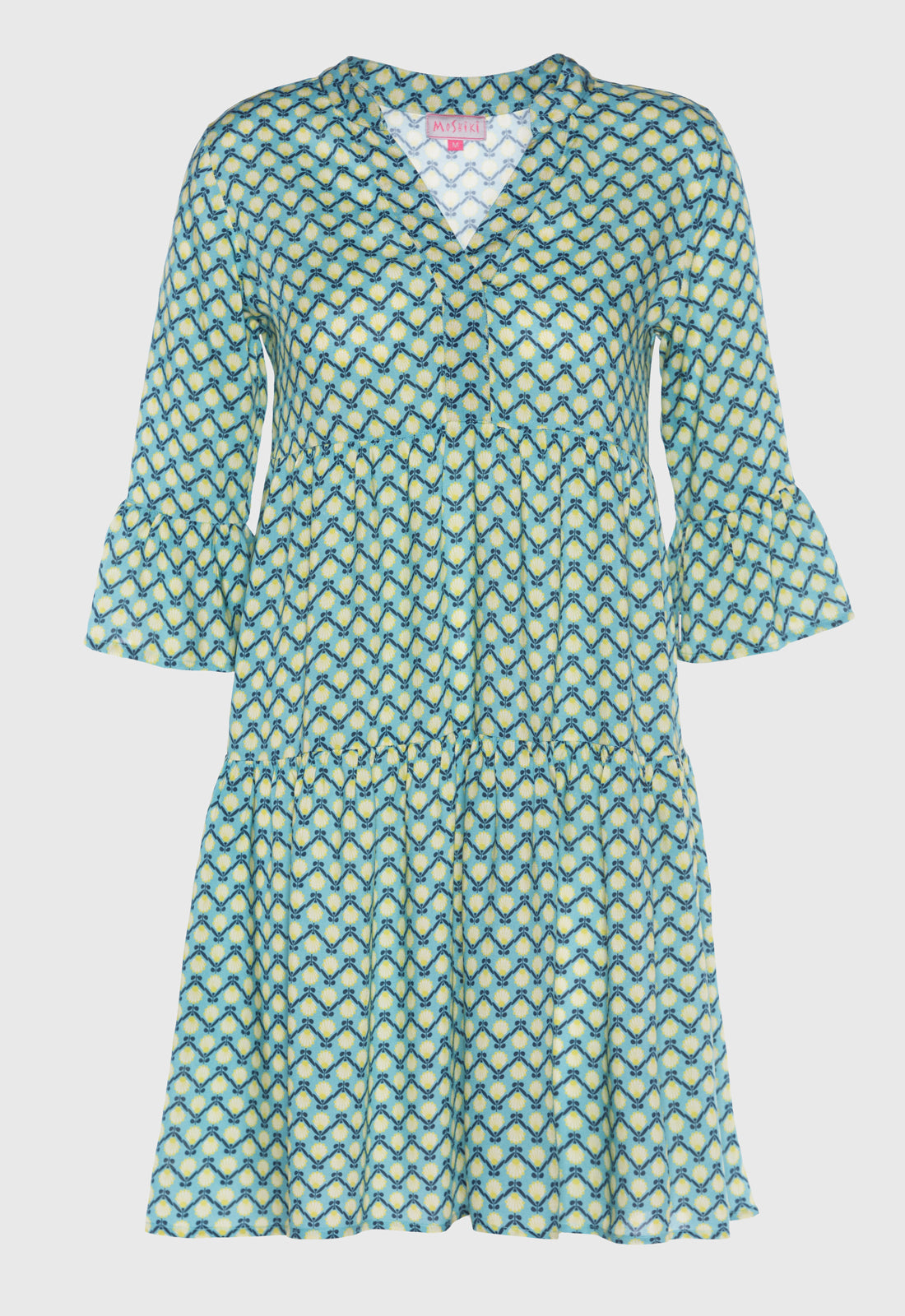 Tiered dress with trumpet sleeves and deep V-neck - S25Dress-R2 Tiered dress with trumpet sleeves and deep V-neck - S25Dress-R2