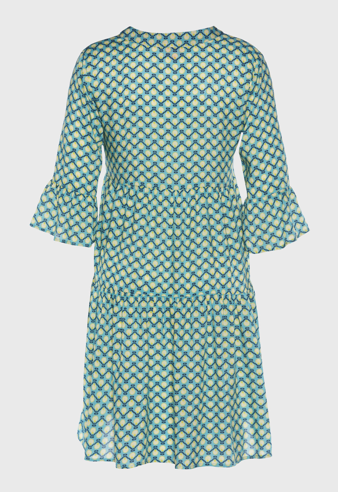 Tiered dress with trumpet sleeves and deep V-neck - S25Dress-R2 Tiered dress with trumpet sleeves and deep V-neck - S25Dress-R2