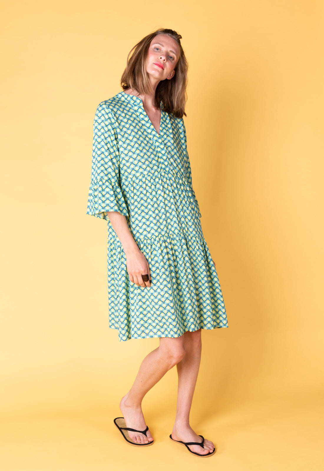 Tiered dress with trumpet sleeves and deep V-neck - S25Dress-R2 Tiered dress with trumpet sleeves and deep V-neck - S25Dress-R2