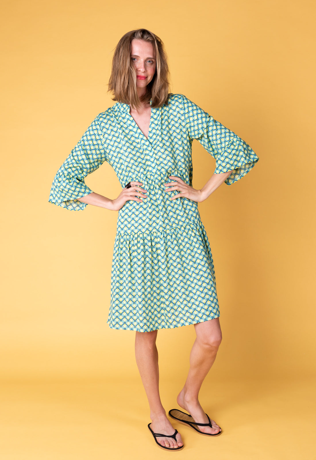 Tiered dress with trumpet sleeves and deep V-neck - S25Dress-R2 Tiered dress with trumpet sleeves and deep V-neck - S25Dress-R2