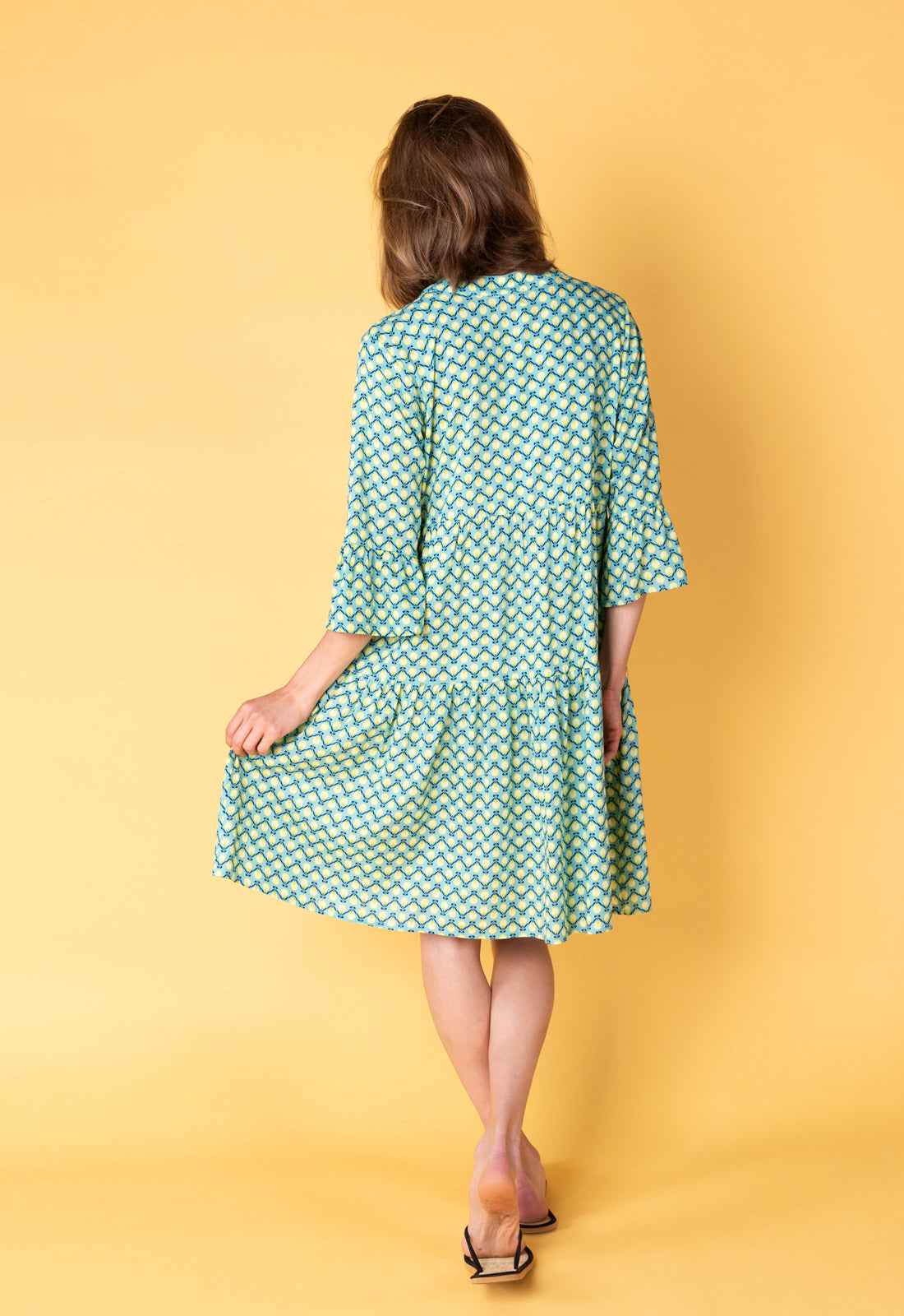 Tiered dress with trumpet sleeves and deep V-neck - S25Dress-R2 Tiered dress with trumpet sleeves and deep V-neck - S25Dress-R2