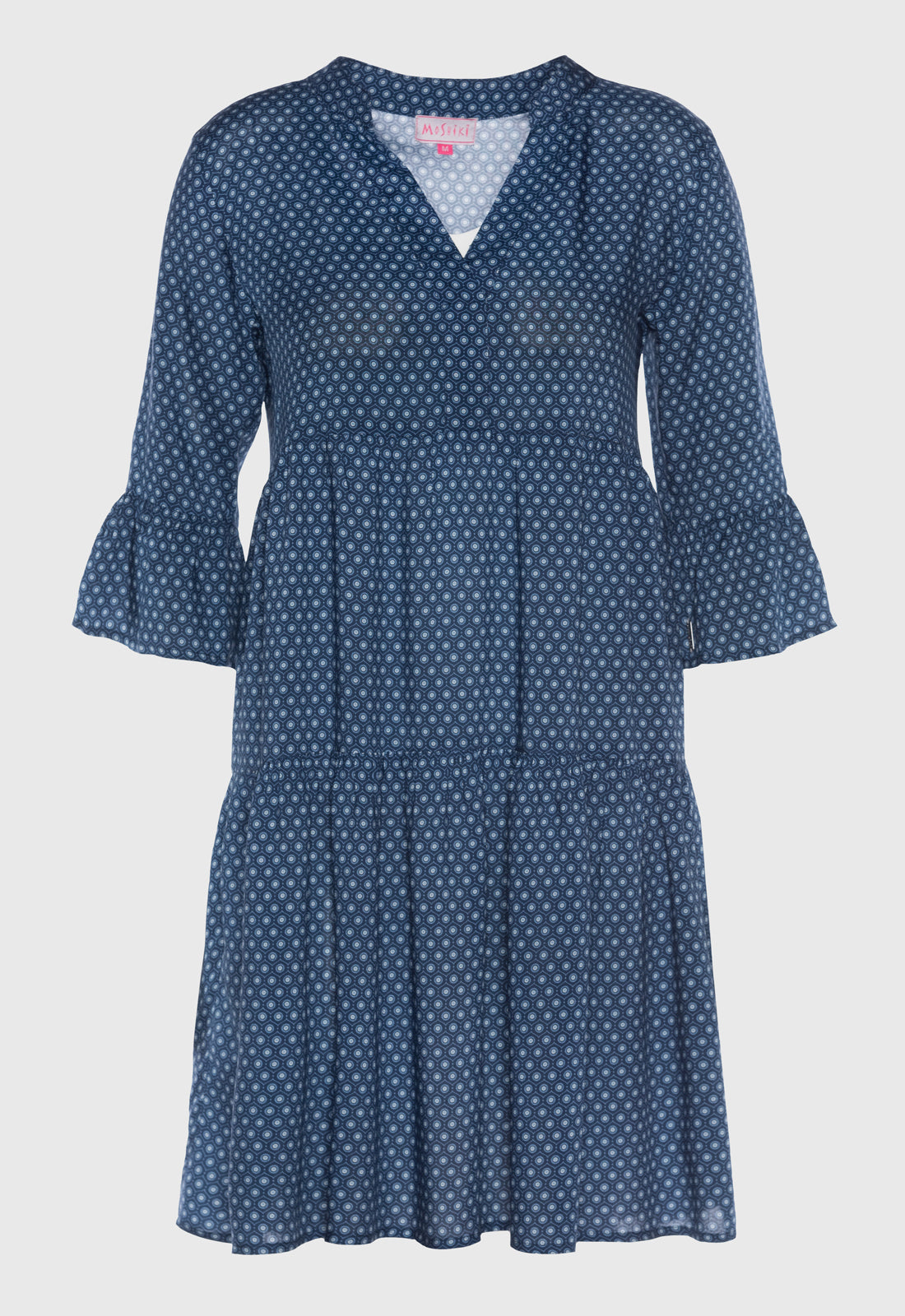 Tiered dress with trumpet sleeves and deep V-neck - S25Dress-R2 Tiered dress with trumpet sleeves and deep V-neck - S25Dress-R2