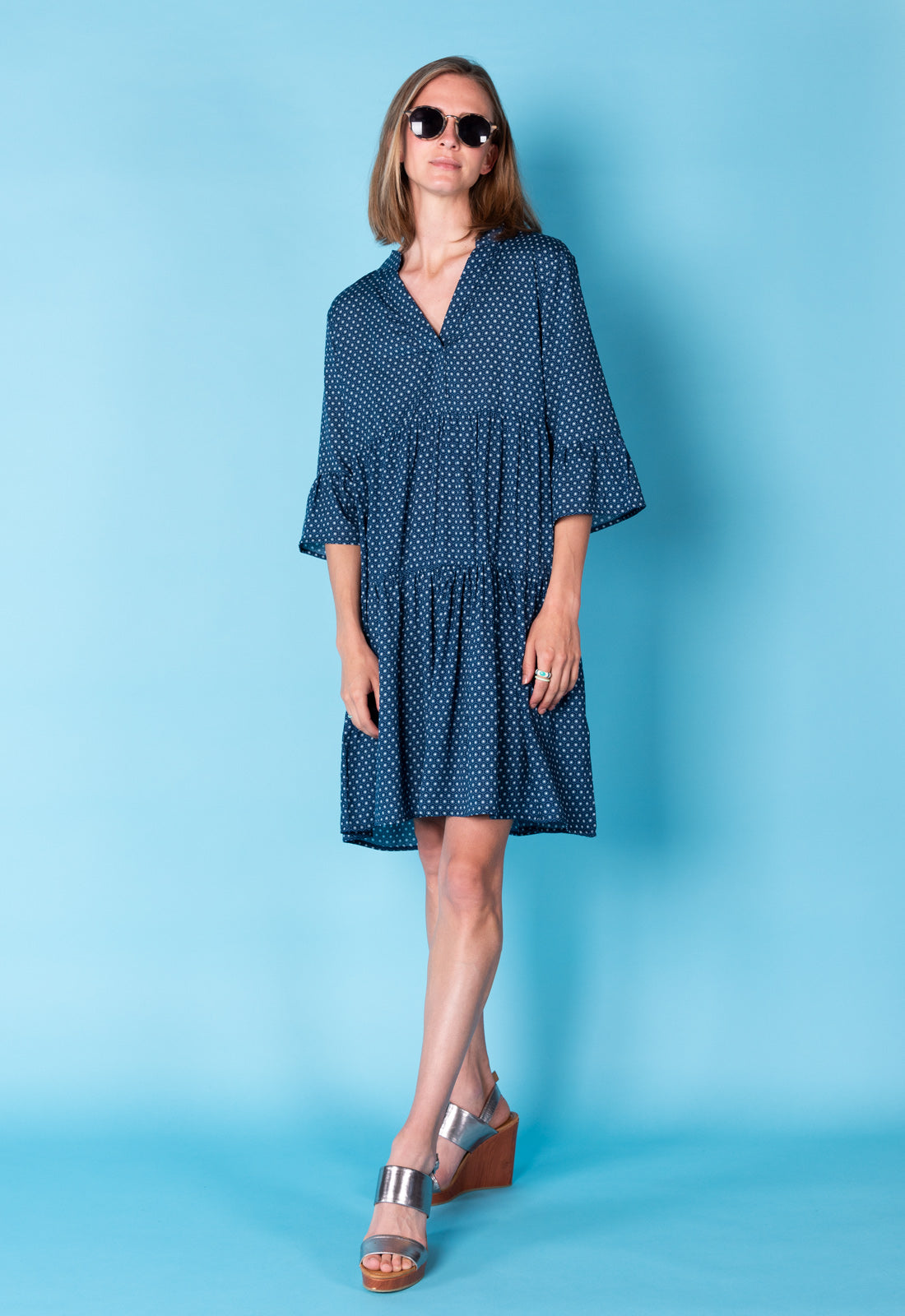 Tiered dress with trumpet sleeves and deep V-neck - S25Dress-R2 Tiered dress with trumpet sleeves and deep V-neck - S25Dress-R2