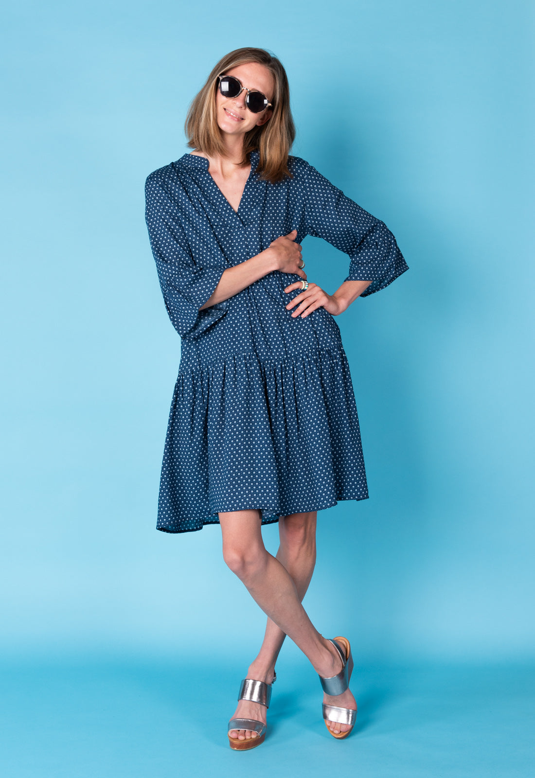 Tiered dress with trumpet sleeves and deep V-neck - S25Dress-R2 Tiered dress with trumpet sleeves and deep V-neck - S25Dress-R2