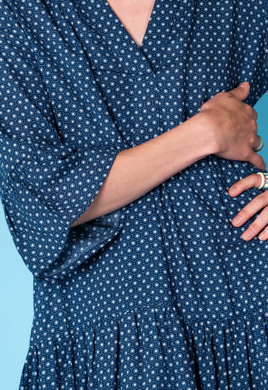 Tiered dress with trumpet sleeves and deep V-neck - S25Dress-R2 Tiered dress with trumpet sleeves and deep V-neck - S25Dress-R2