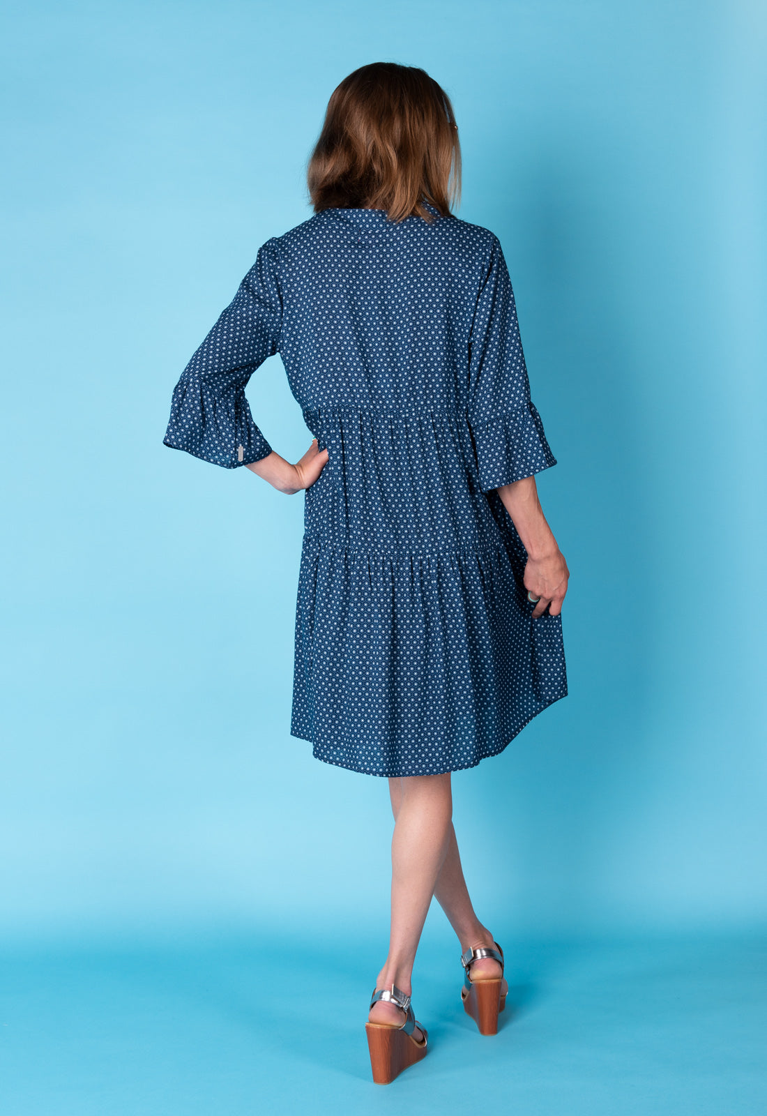 Tiered dress with trumpet sleeves and deep V-neck - S25Dress-R2 Tiered dress with trumpet sleeves and deep V-neck - S25Dress-R2