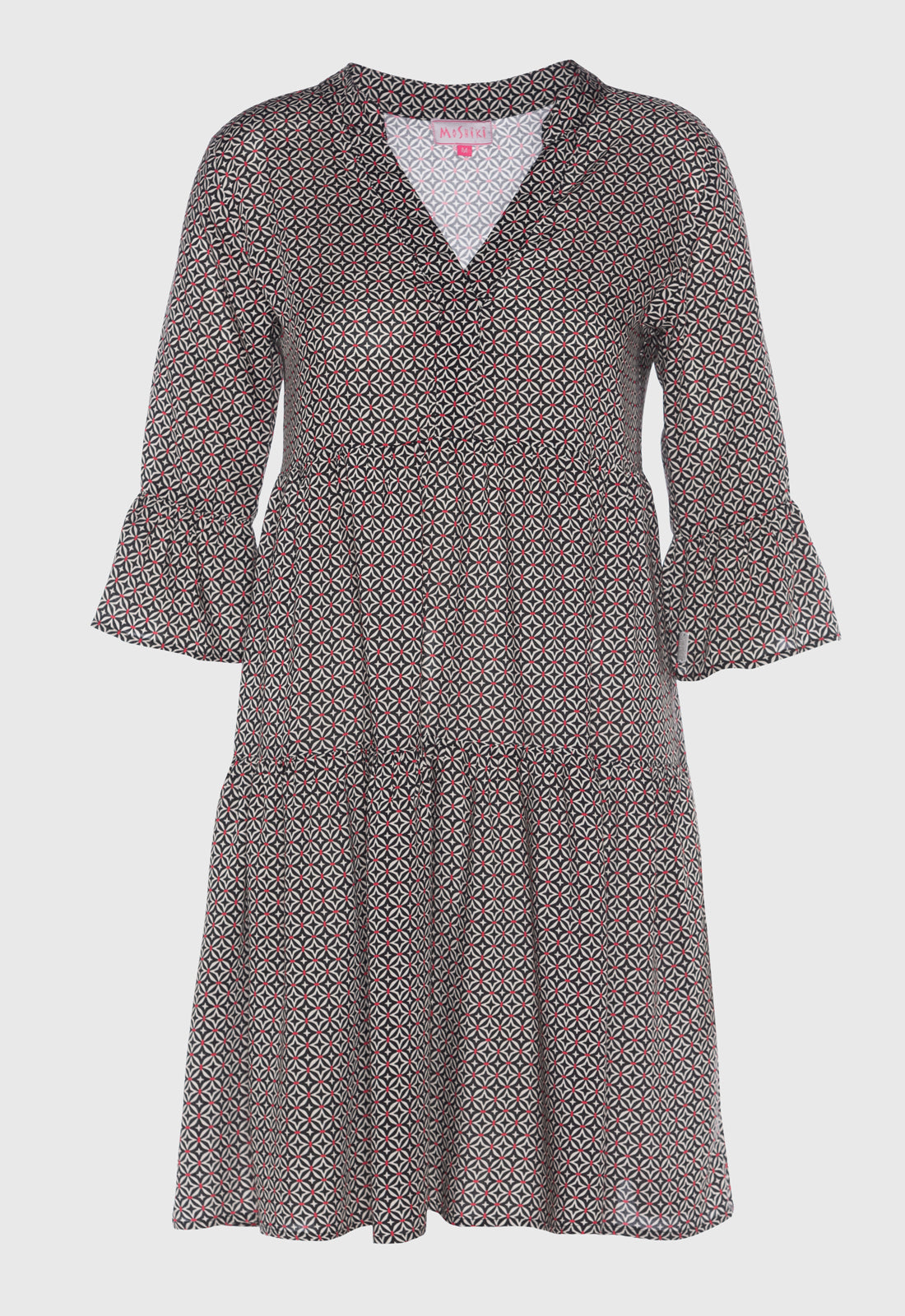 Tiered dress with trumpet sleeves and deep V-neck - S25Dress-R2 Tiered dress with trumpet sleeves and deep V-neck - S25Dress-R2