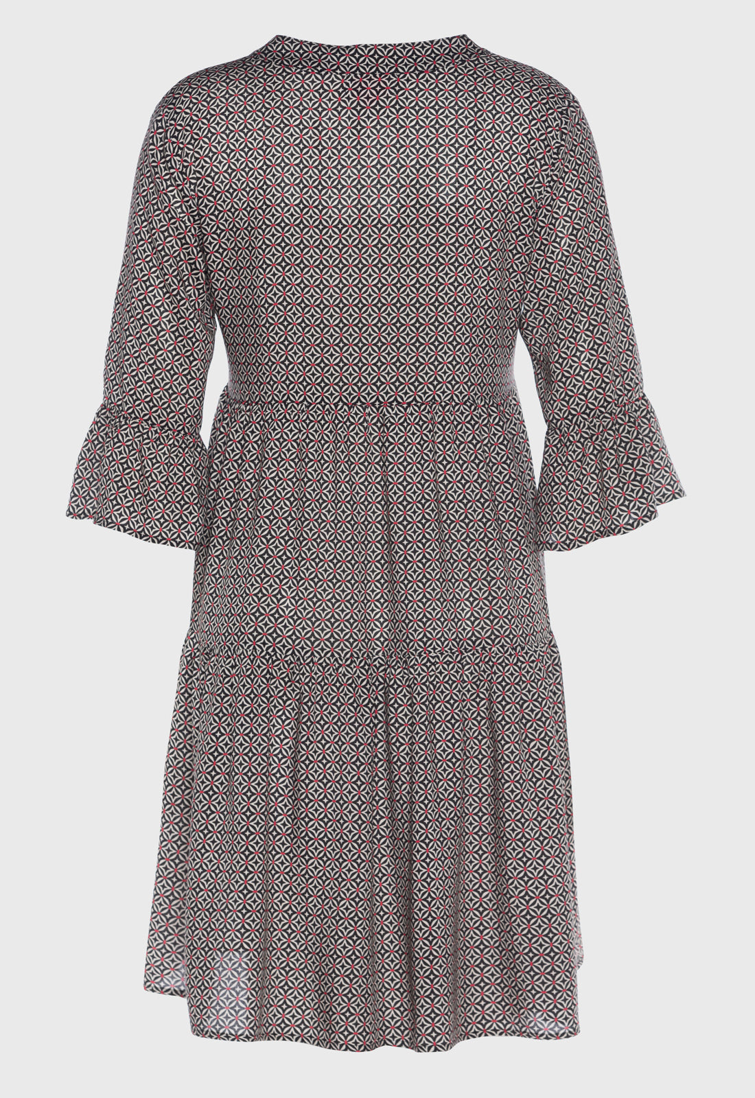 Tiered dress with trumpet sleeves and deep V-neck - S25Dress-R2 Tiered dress with trumpet sleeves and deep V-neck - S25Dress-R2