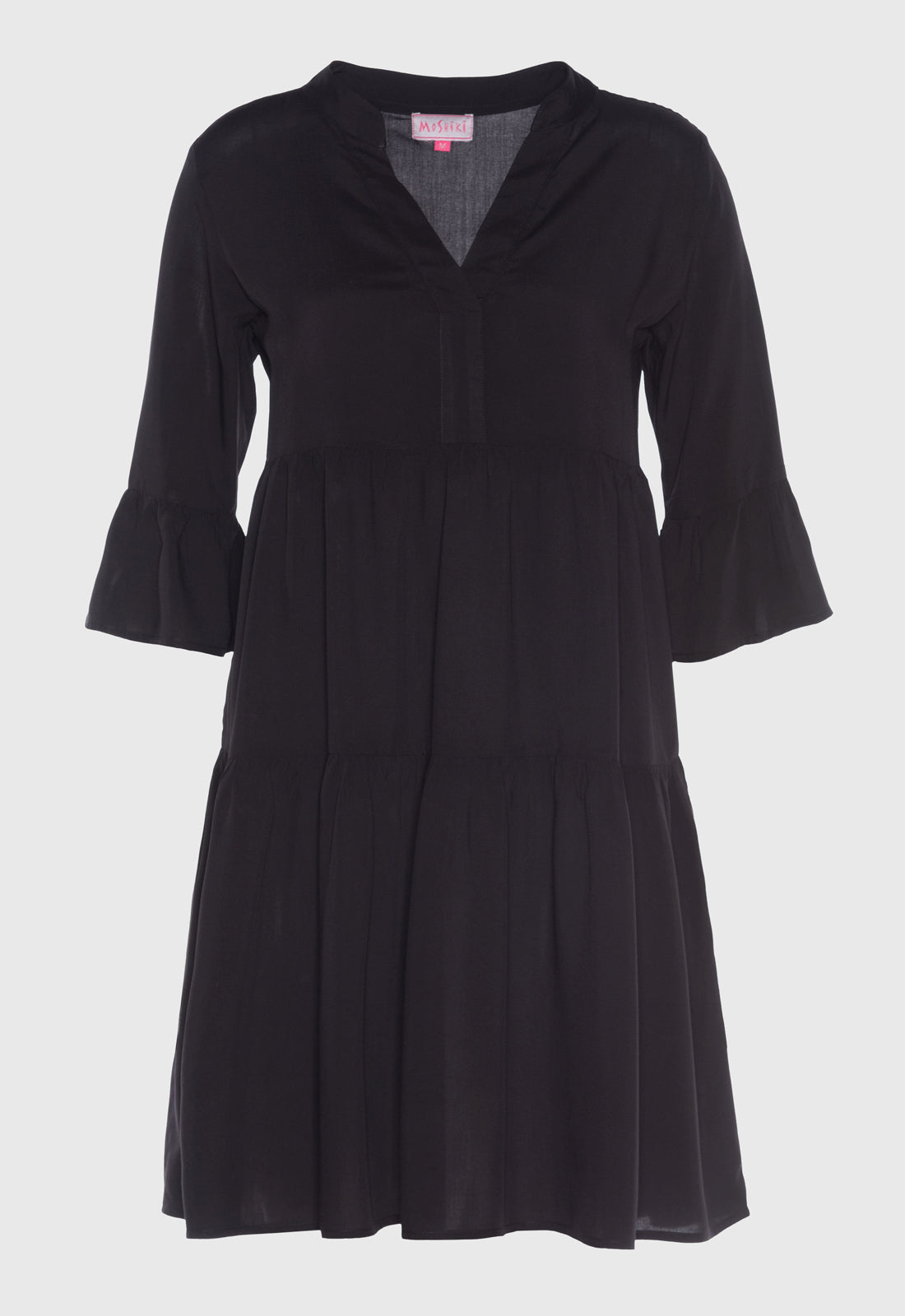 Tiered dress with trumpet sleeves and deep V-neck - S25Dress-R2 Tiered dress with trumpet sleeves and deep V-neck - S25Dress-R2