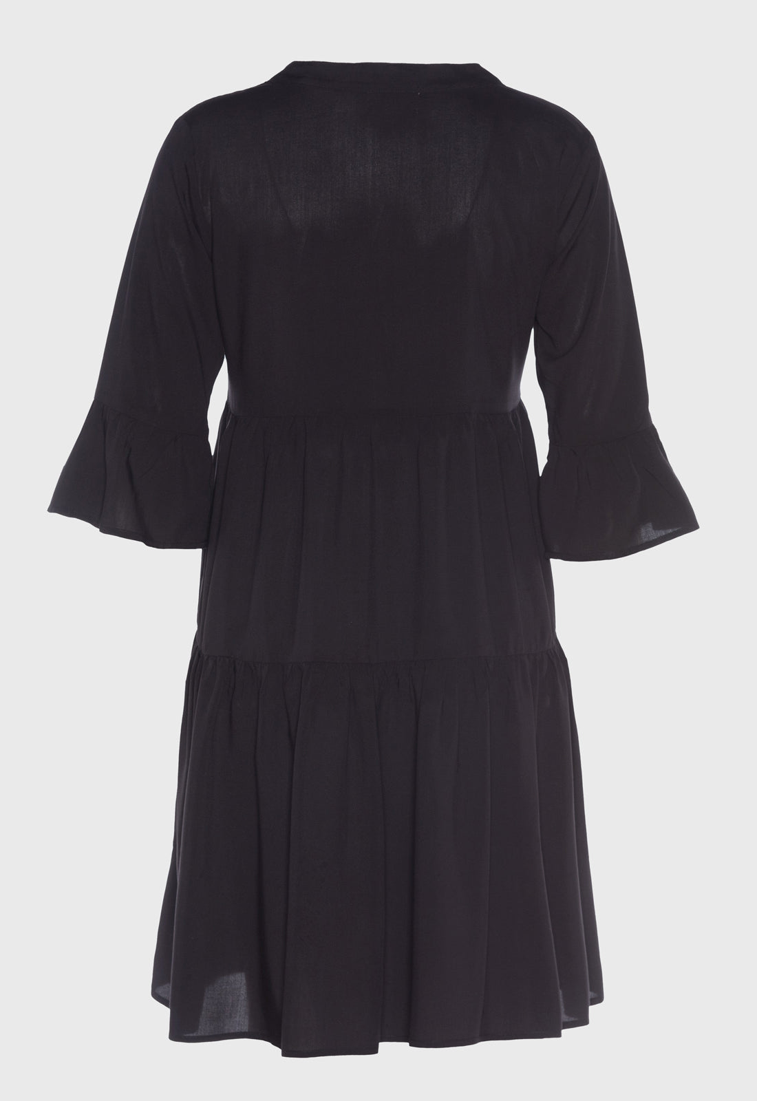 Tiered dress with trumpet sleeves and deep V-neck - S25Dress-R2 Tiered dress with trumpet sleeves and deep V-neck - S25Dress-R2