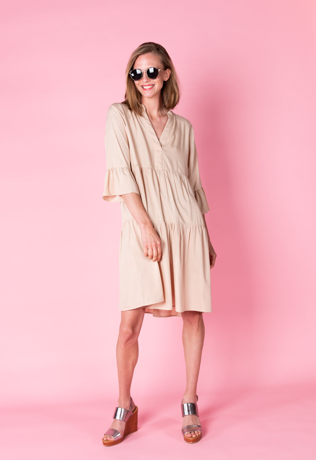 Tiered dress with trumpet sleeves and deep V-neck - S25Dress-R2 Tiered dress with trumpet sleeves and deep V-neck - S25Dress-R2