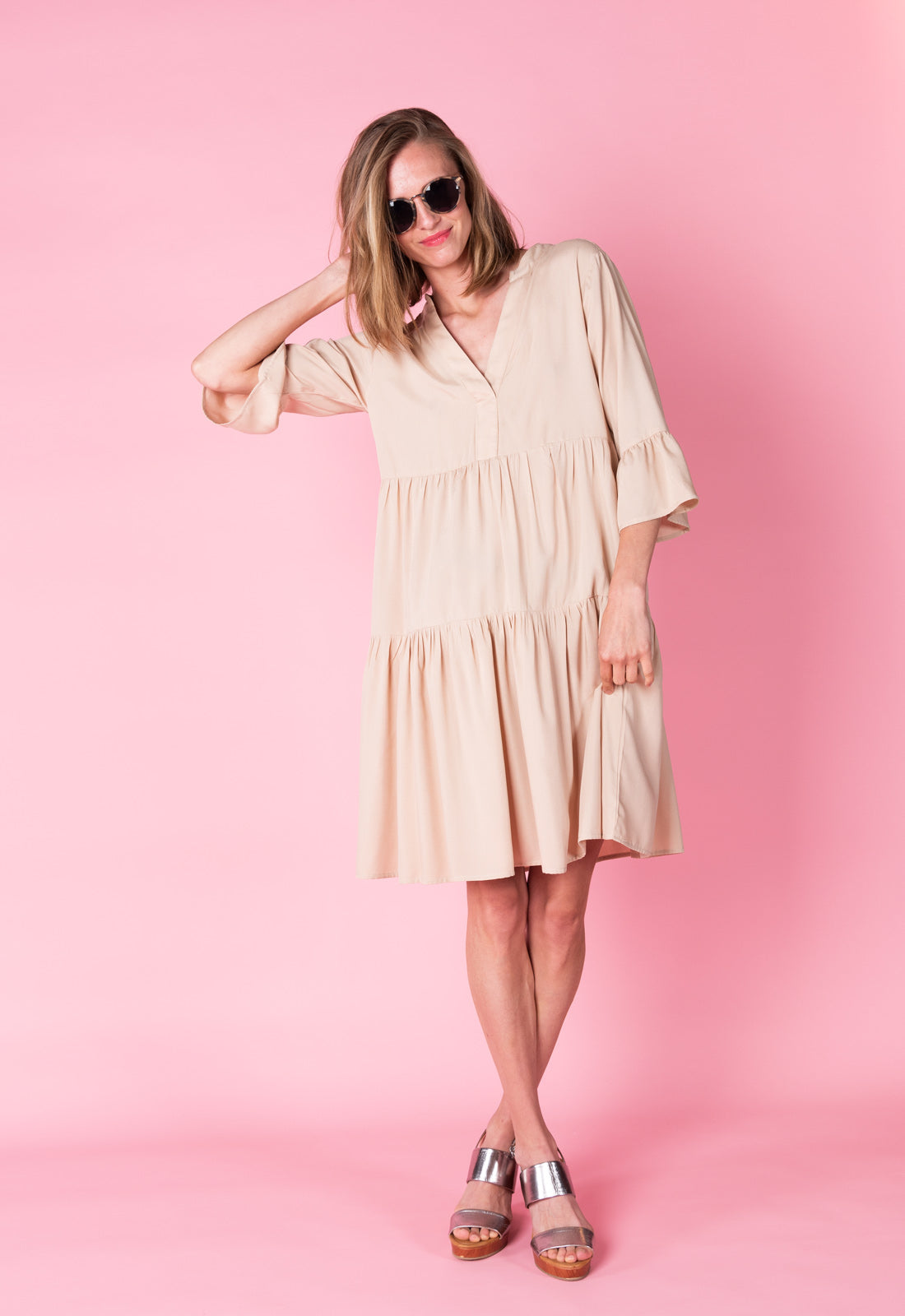 Tiered dress with trumpet sleeves and deep V-neck - S25Dress-R2 Tiered dress with trumpet sleeves and deep V-neck - S25Dress-R2