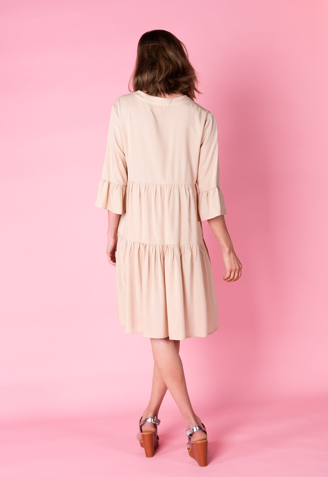 Tiered dress with trumpet sleeves and deep V-neck - S25Dress-R2 Tiered dress with trumpet sleeves and deep V-neck - S25Dress-R2