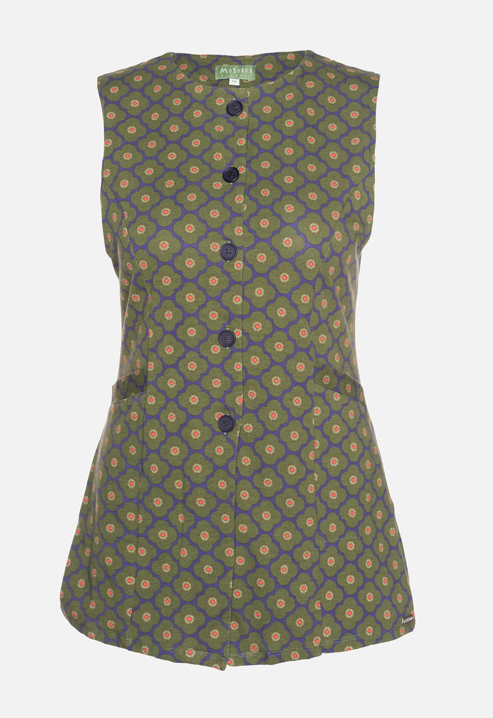 W26Vest-OC1 – lange Bio-Baumwollweste mit Knöpfen und Taschen W26Vest-OC1 – lange Bio-Baumwollweste mit Knöpfen und Taschen