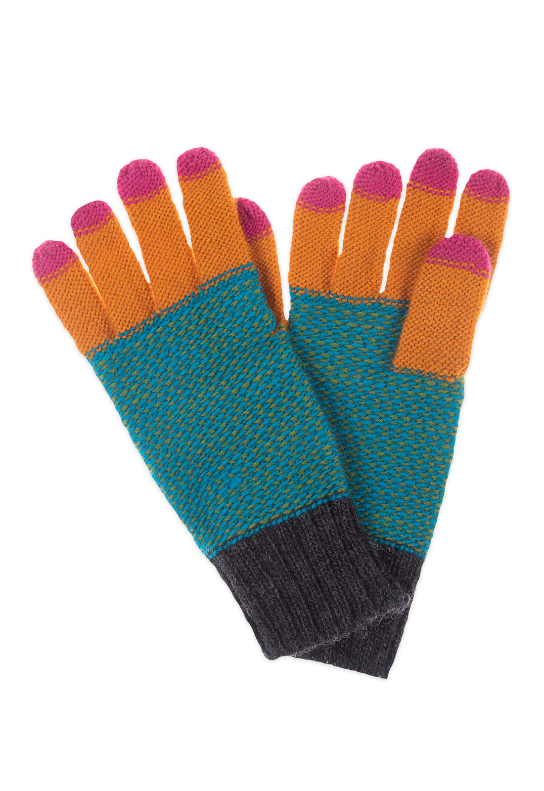 Tashima gloves Gestrickte Fingerhandschuhe. Finger haben pinke spitzen, orange Finger und einen türkisen Körper. Den Abschluss macht ein graues Rippenstrickmuster am Handgelenk.
