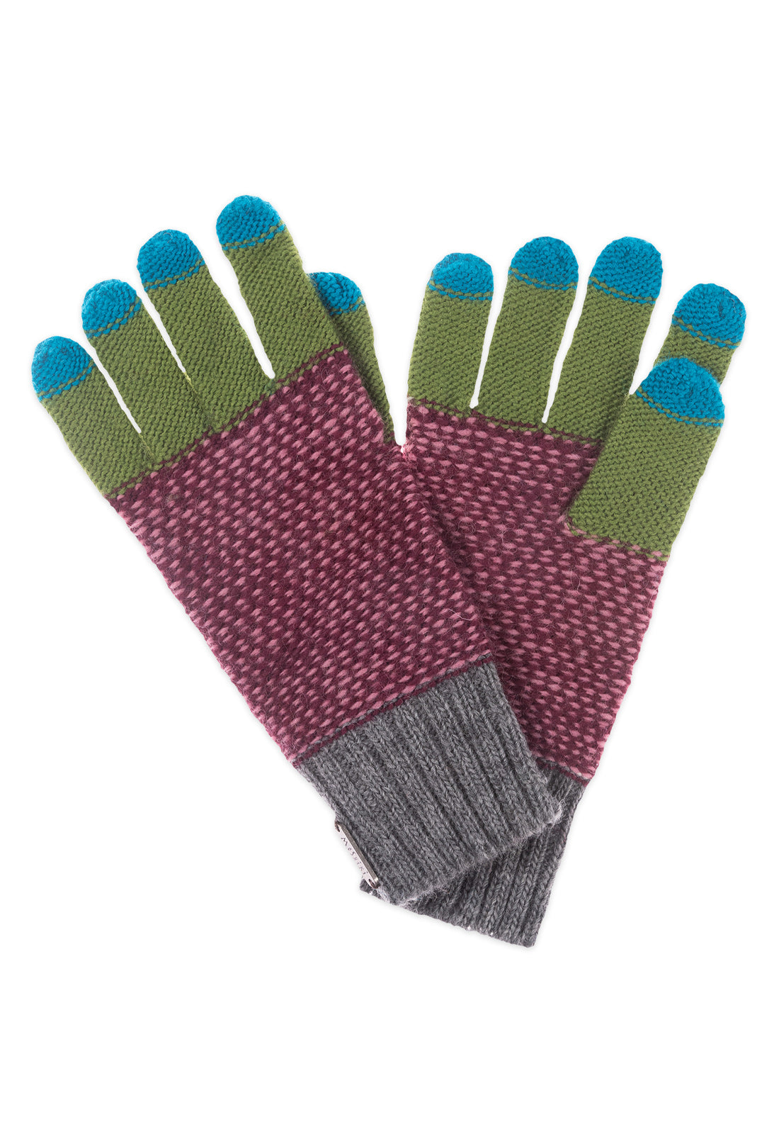 Tashima gloves Gestrickte Fingerhandschuhe. Finger haben blaue spitzen, grüne Finger und einen roten Körper. Den Abschluss macht ein hellgraues Rippenstrickmuster am Handgelenk.