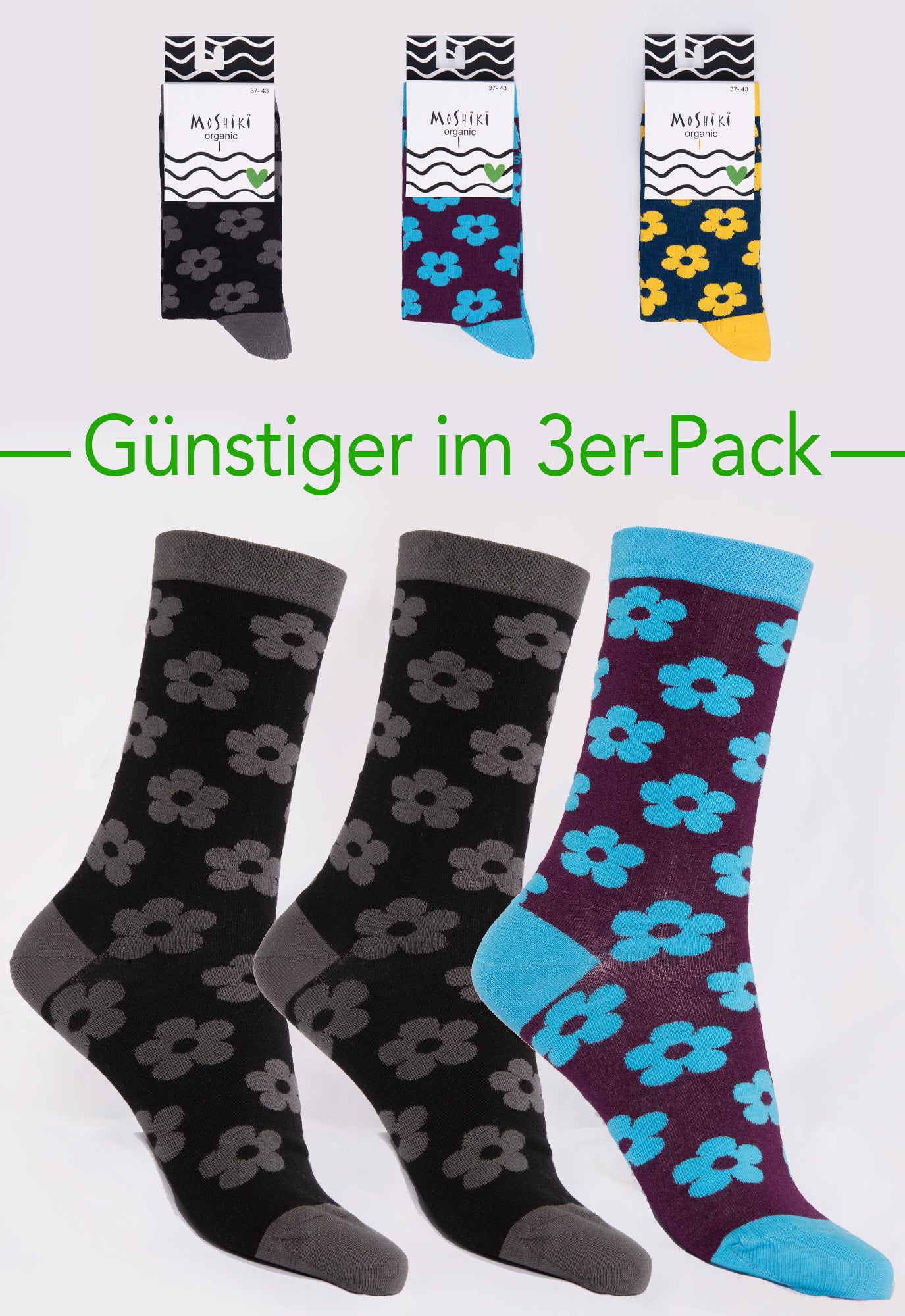 3-pack mix - socks made from organic cotton mix - Yofi Tofi Flowers