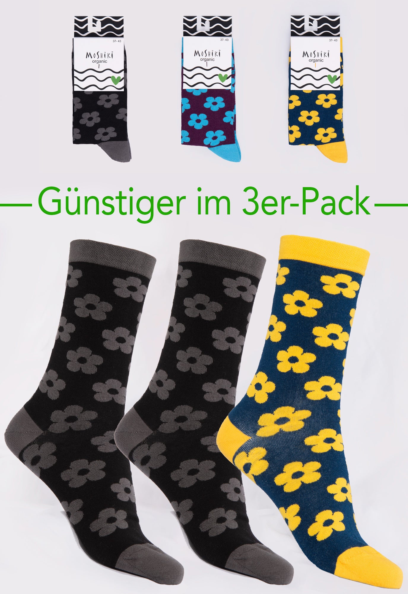 3-pack mix - socks made from organic cotton mix - Yofi Tofi Flowers