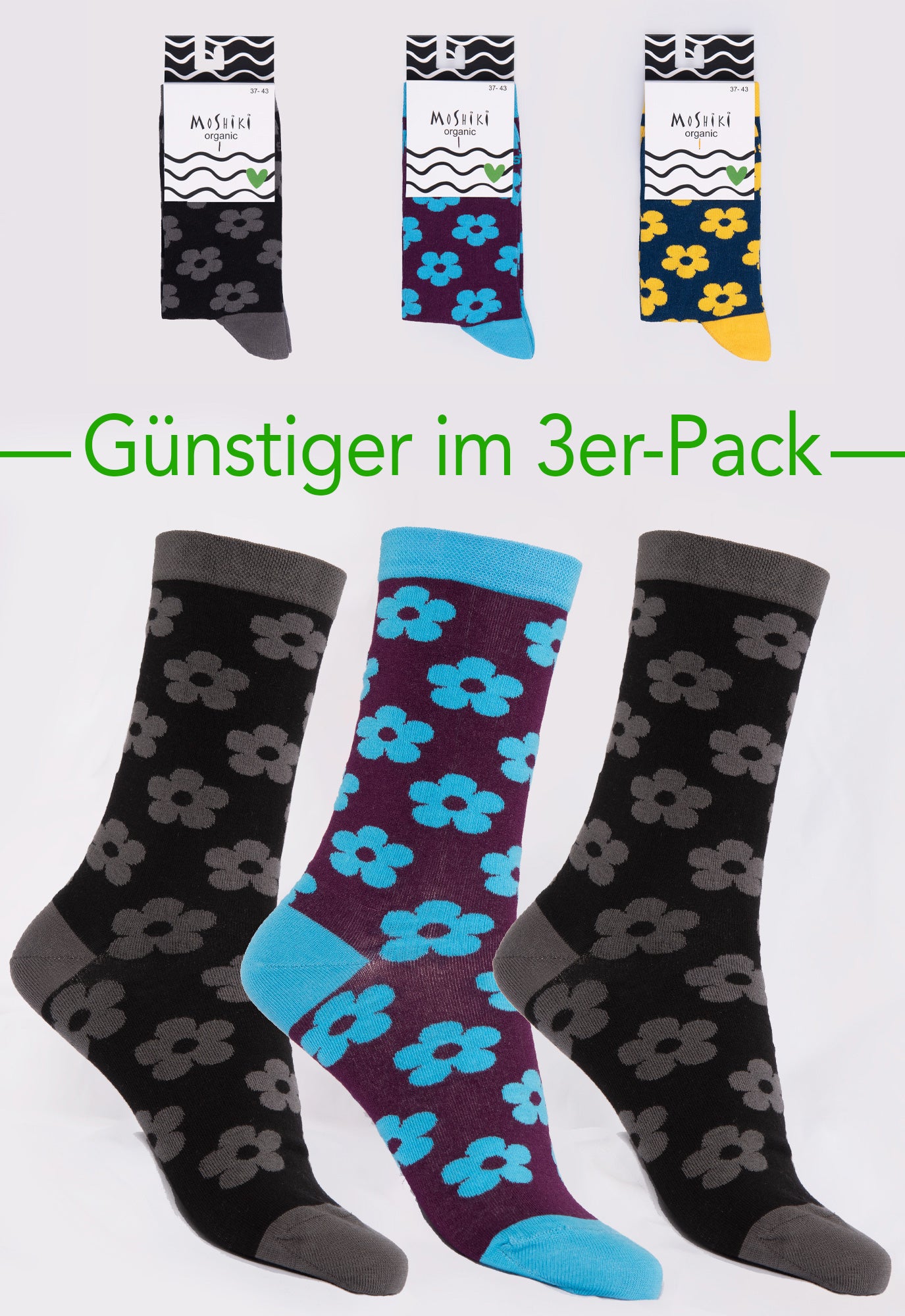 3-pack mix - socks made from organic cotton mix - Yofi Tofi Flowers
