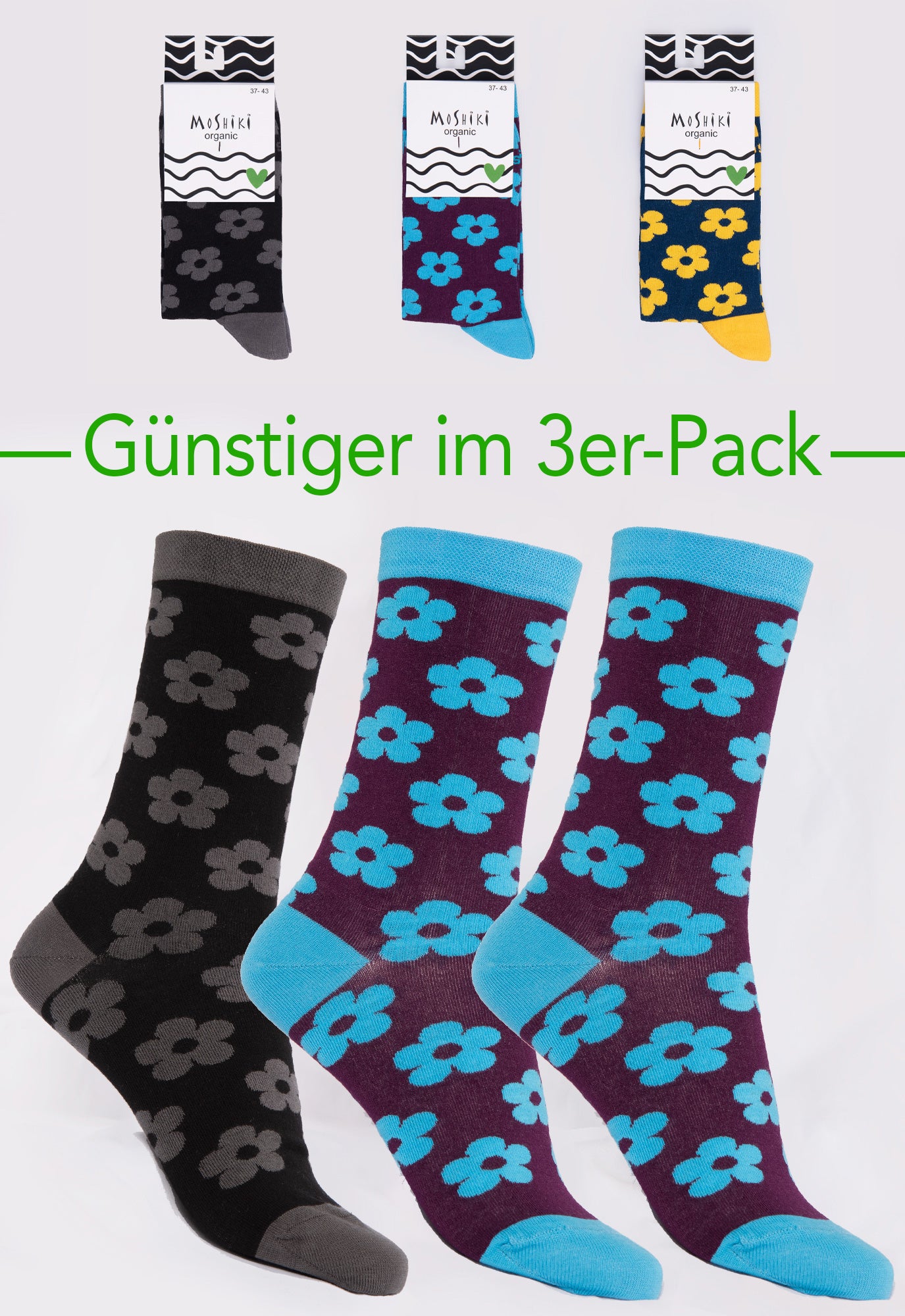 3-pack mix - socks made from organic cotton mix - Yofi Tofi Flowers