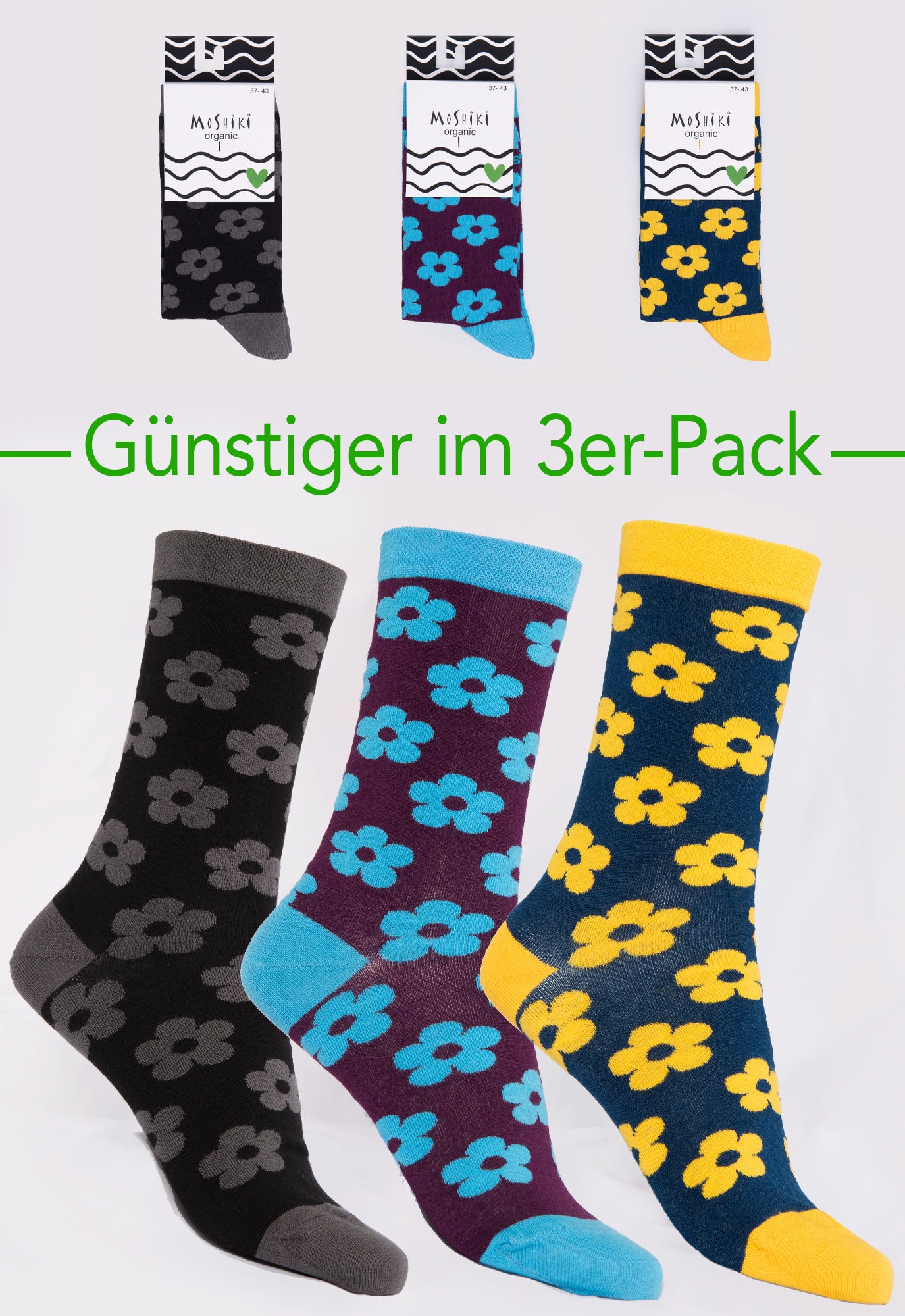 3-pack mix - socks made from organic cotton mix - Yofi Tofi Flowers