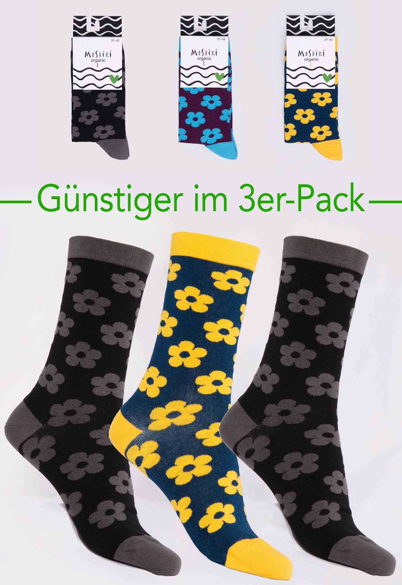3-pack mix - socks made from organic cotton mix - Yofi Tofi Flowers