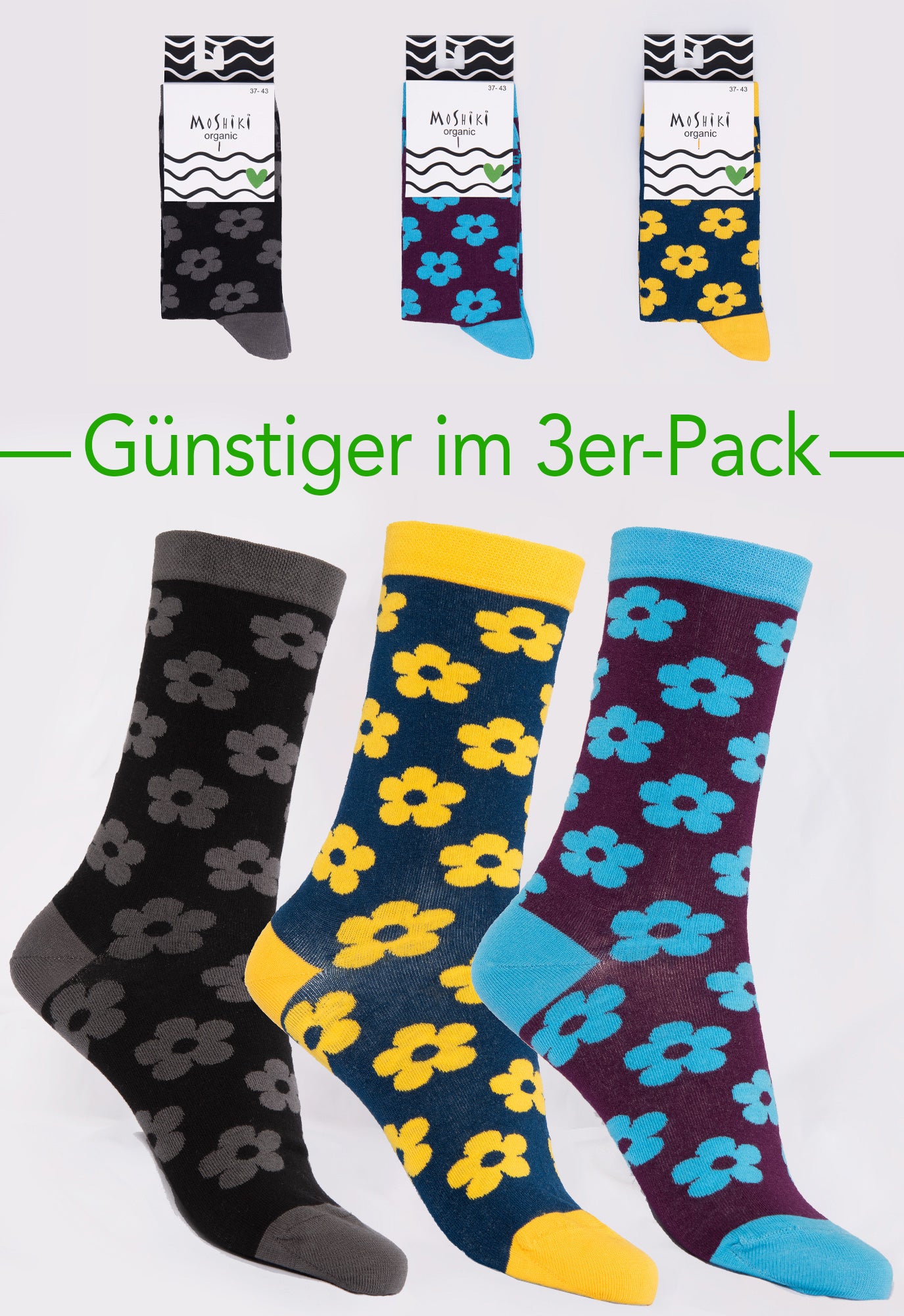 3-pack mix - socks made from organic cotton mix - Yofi Tofi Flowers