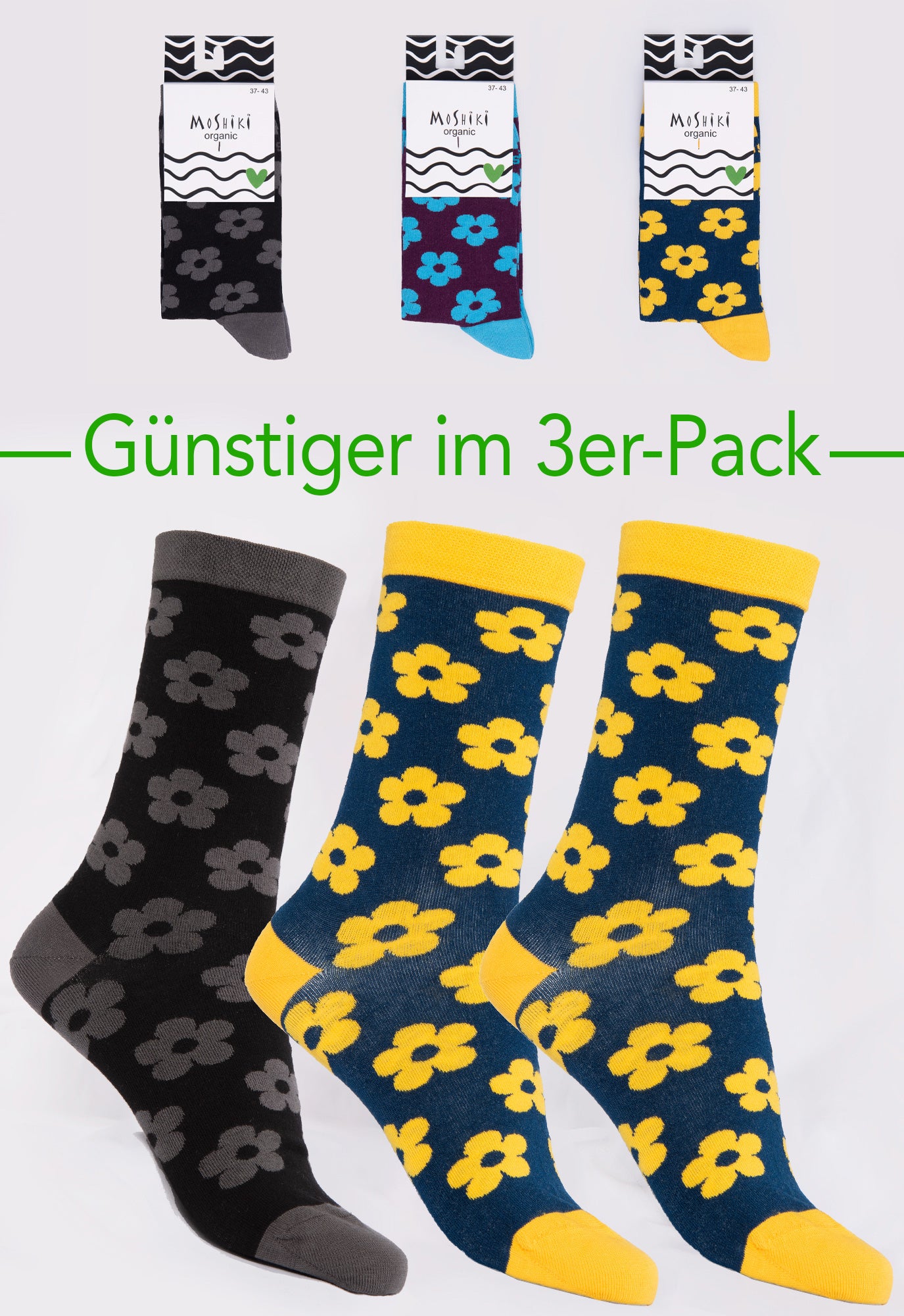 3-pack mix - socks made from organic cotton mix - Yofi Tofi Flowers