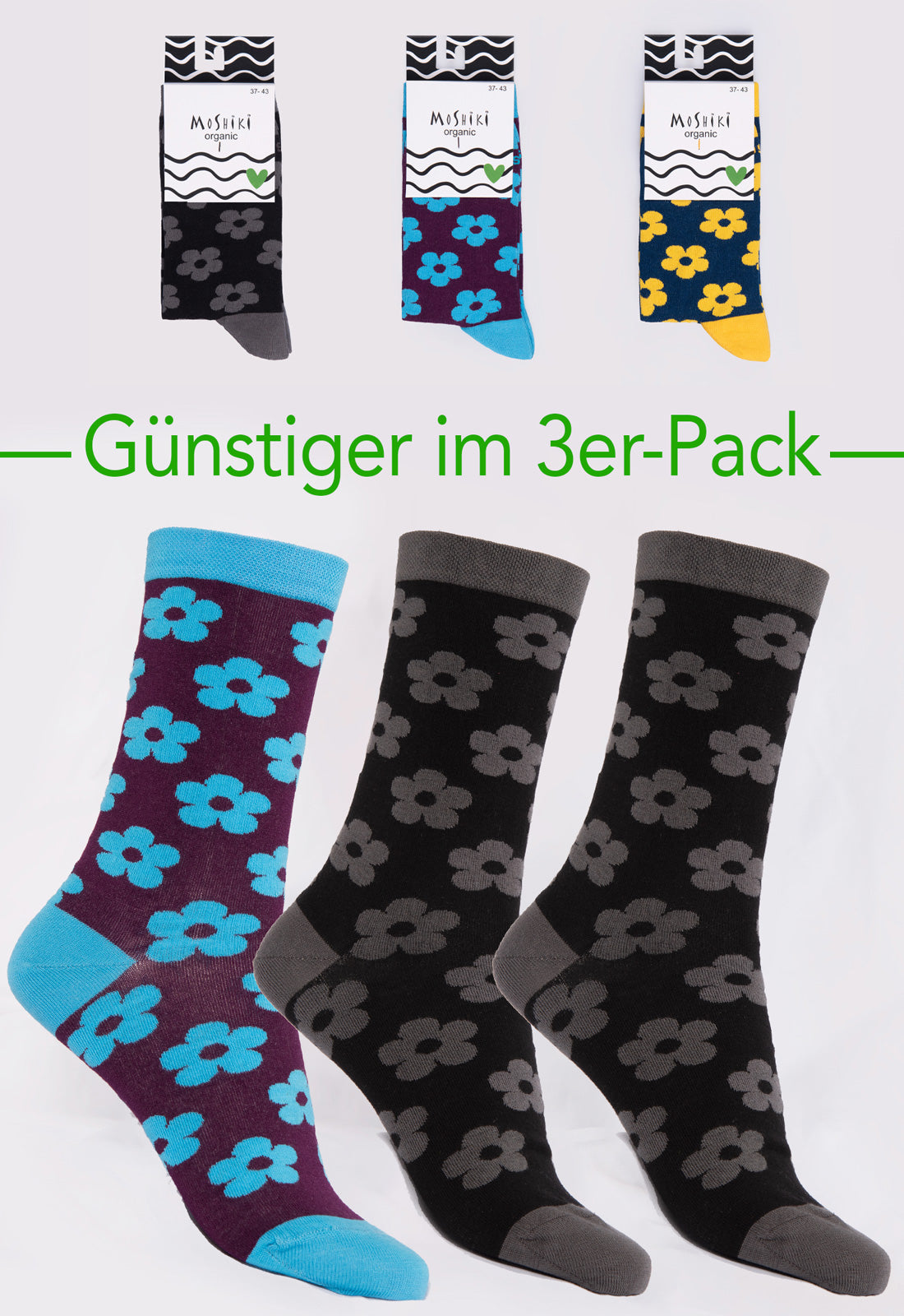 3-pack mix - socks made from organic cotton mix - Yofi Tofi Flowers