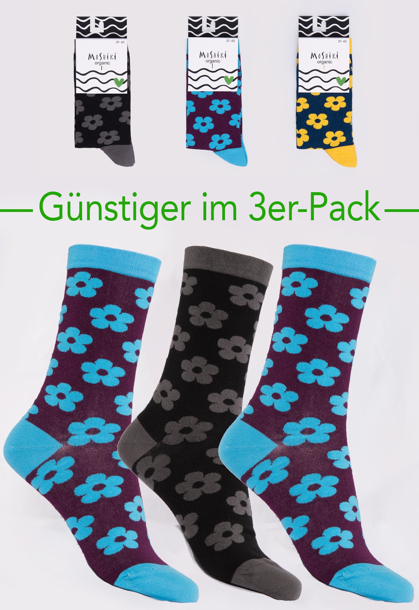 3-pack mix - socks made from organic cotton mix - Yofi Tofi Flowers