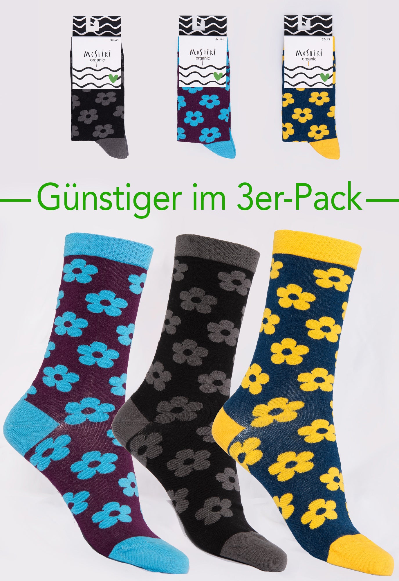 3-pack mix - socks made from organic cotton mix - Yofi Tofi Flowers