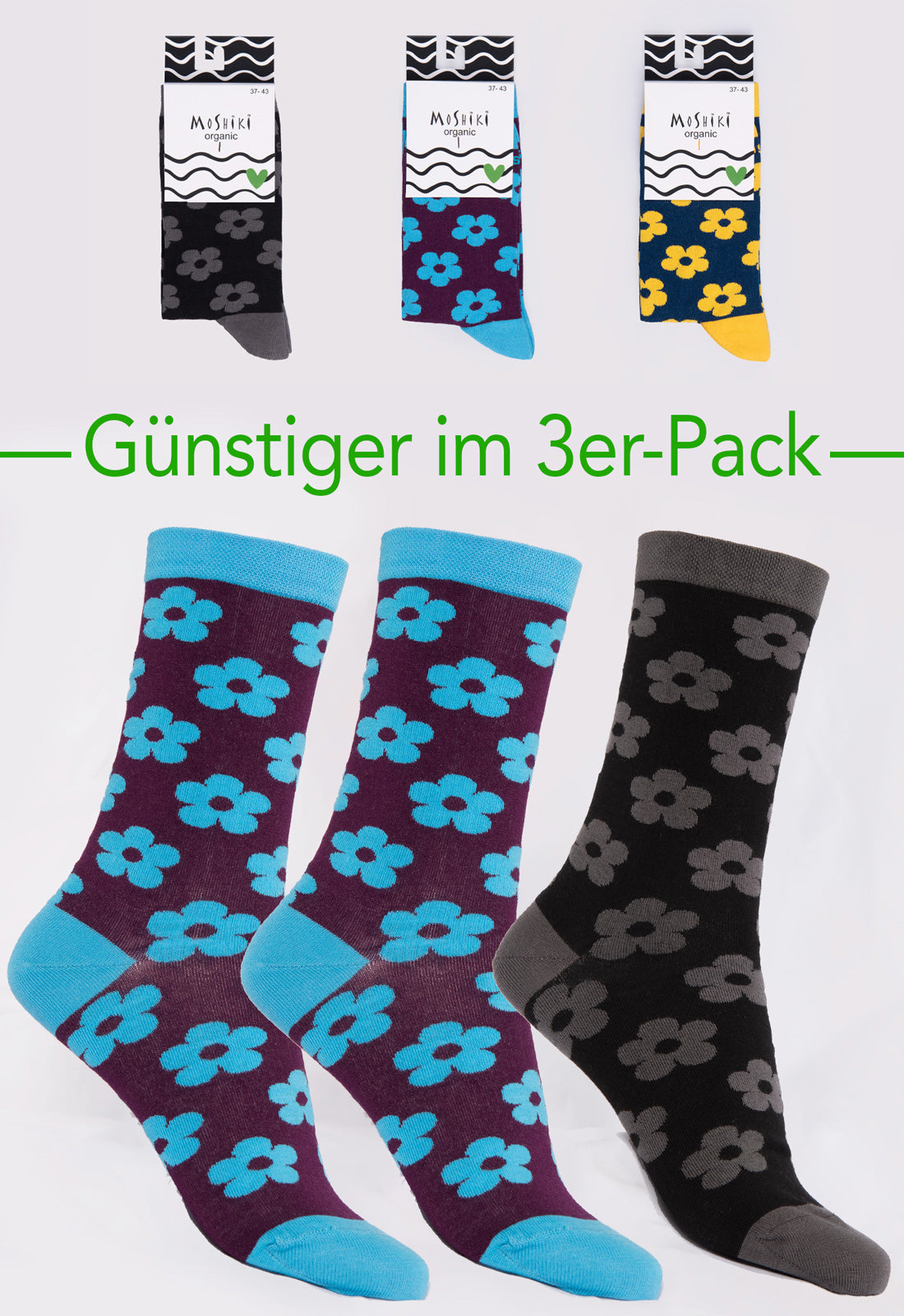 3-pack mix - socks made from organic cotton mix - Yofi Tofi Flowers
