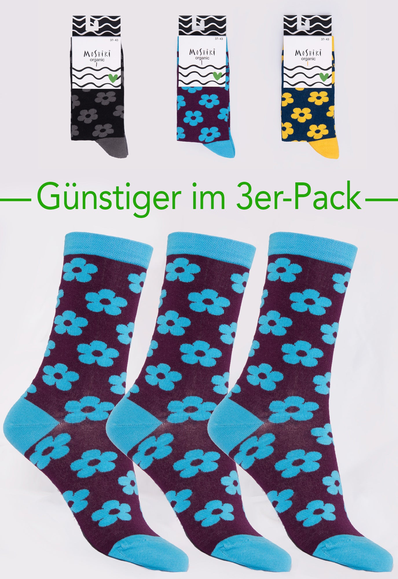 3-pack mix - socks made from organic cotton mix - Yofi Tofi Flowers