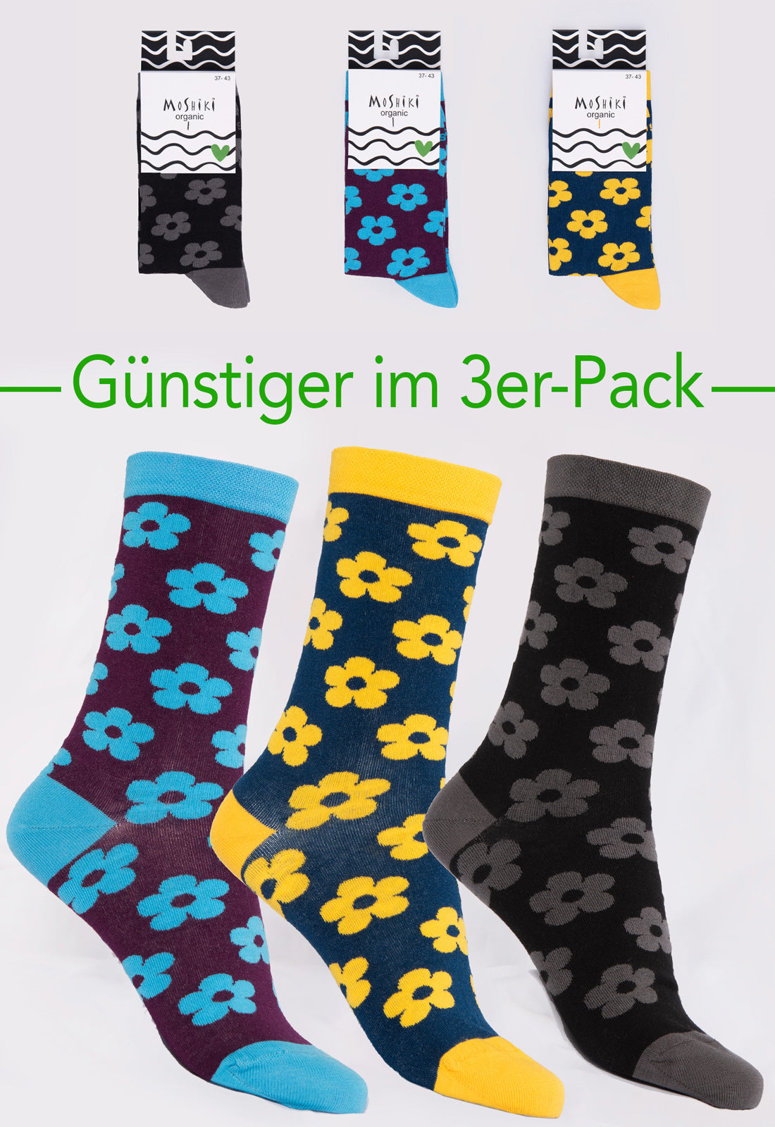 3-pack mix - socks made from organic cotton mix - Yofi Tofi Flowers