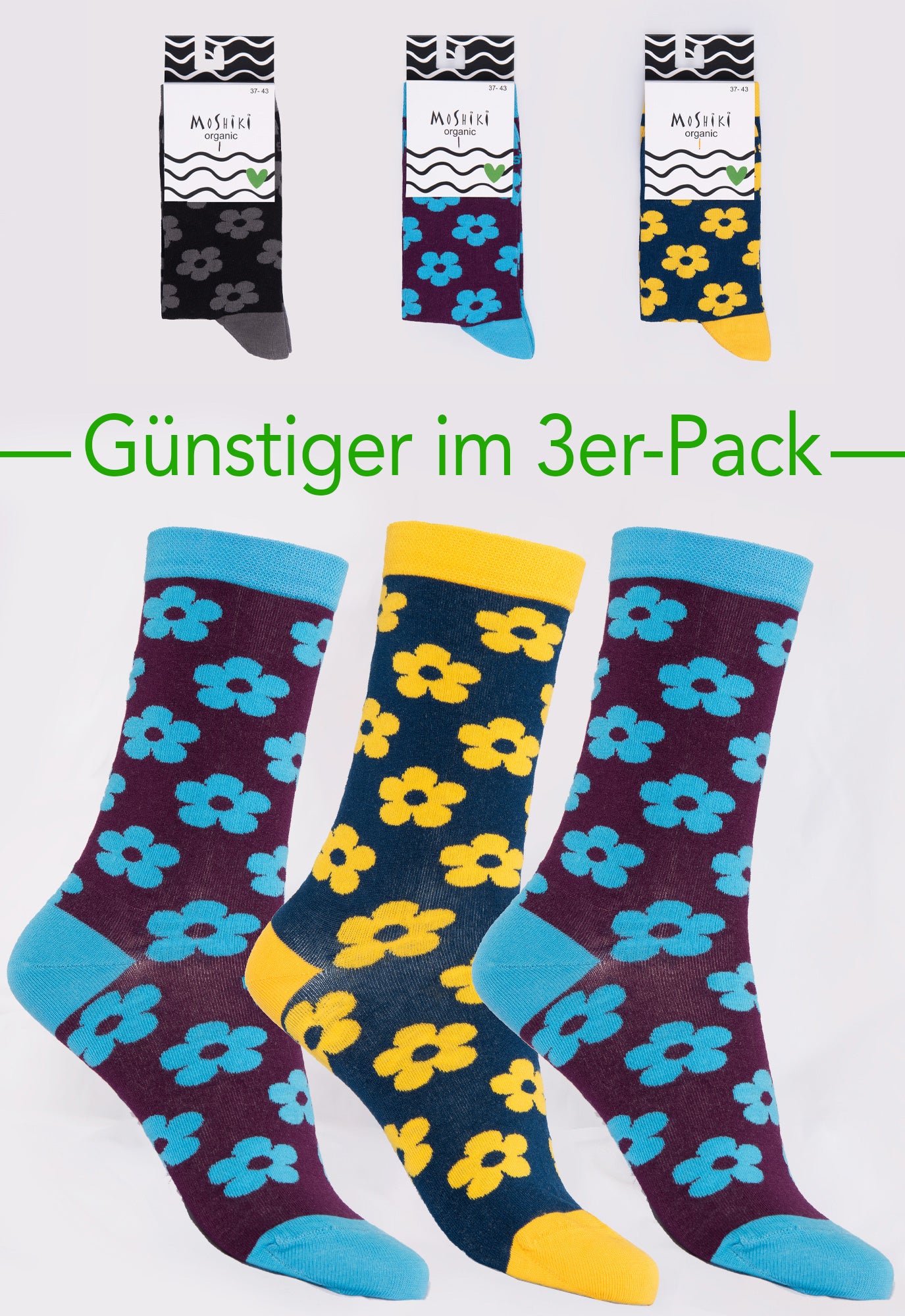 3-pack mix - socks made from organic cotton mix - Yofi Tofi Flowers