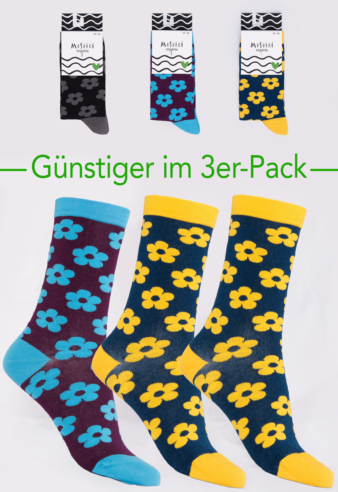 3-pack mix - socks made from organic cotton mix - Yofi Tofi Flowers