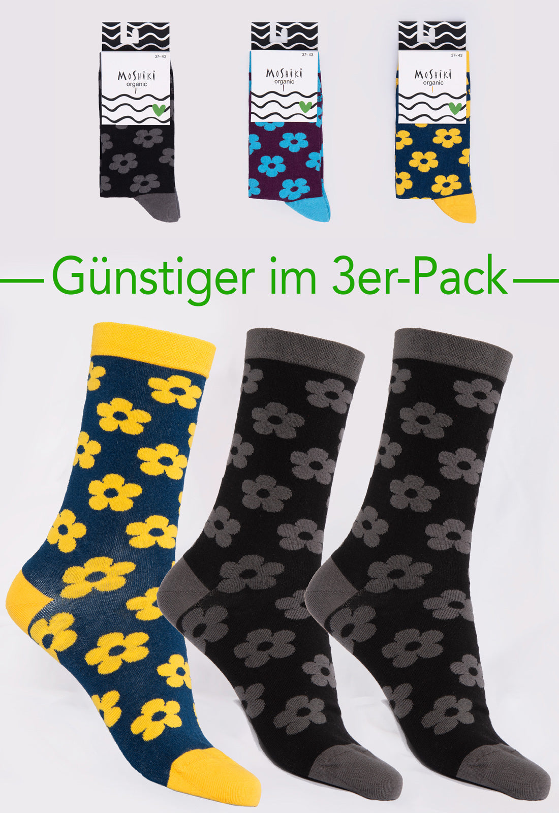 3-pack mix - socks made from organic cotton mix - Yofi Tofi Flowers