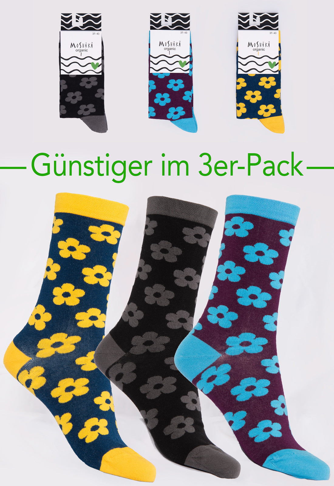 3-pack mix - socks made from organic cotton mix - Yofi Tofi Flowers