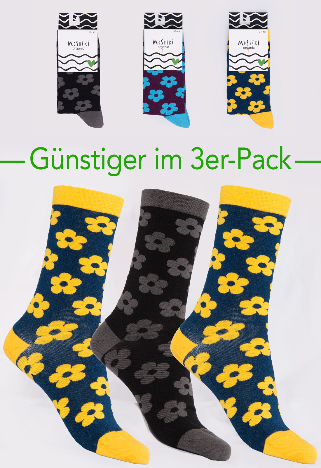 3-pack mix - socks made from organic cotton mix - Yofi Tofi Flowers