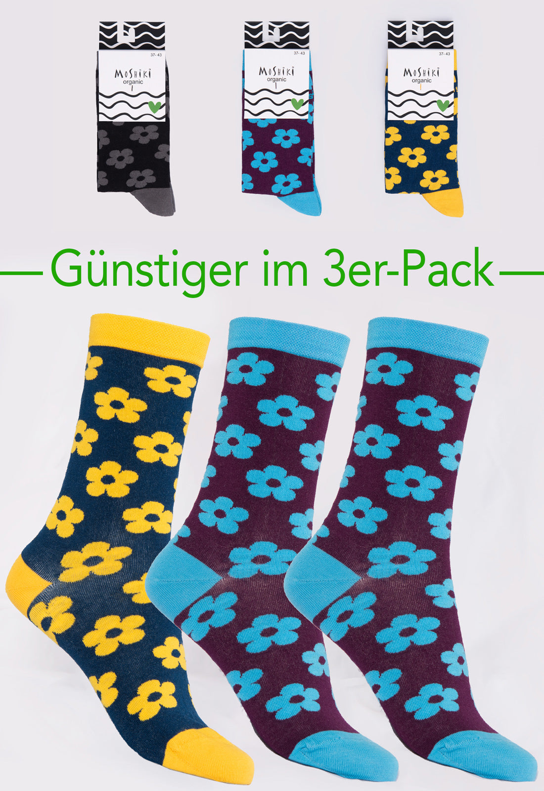 3-pack mix - socks made from organic cotton mix - Yofi Tofi Flowers