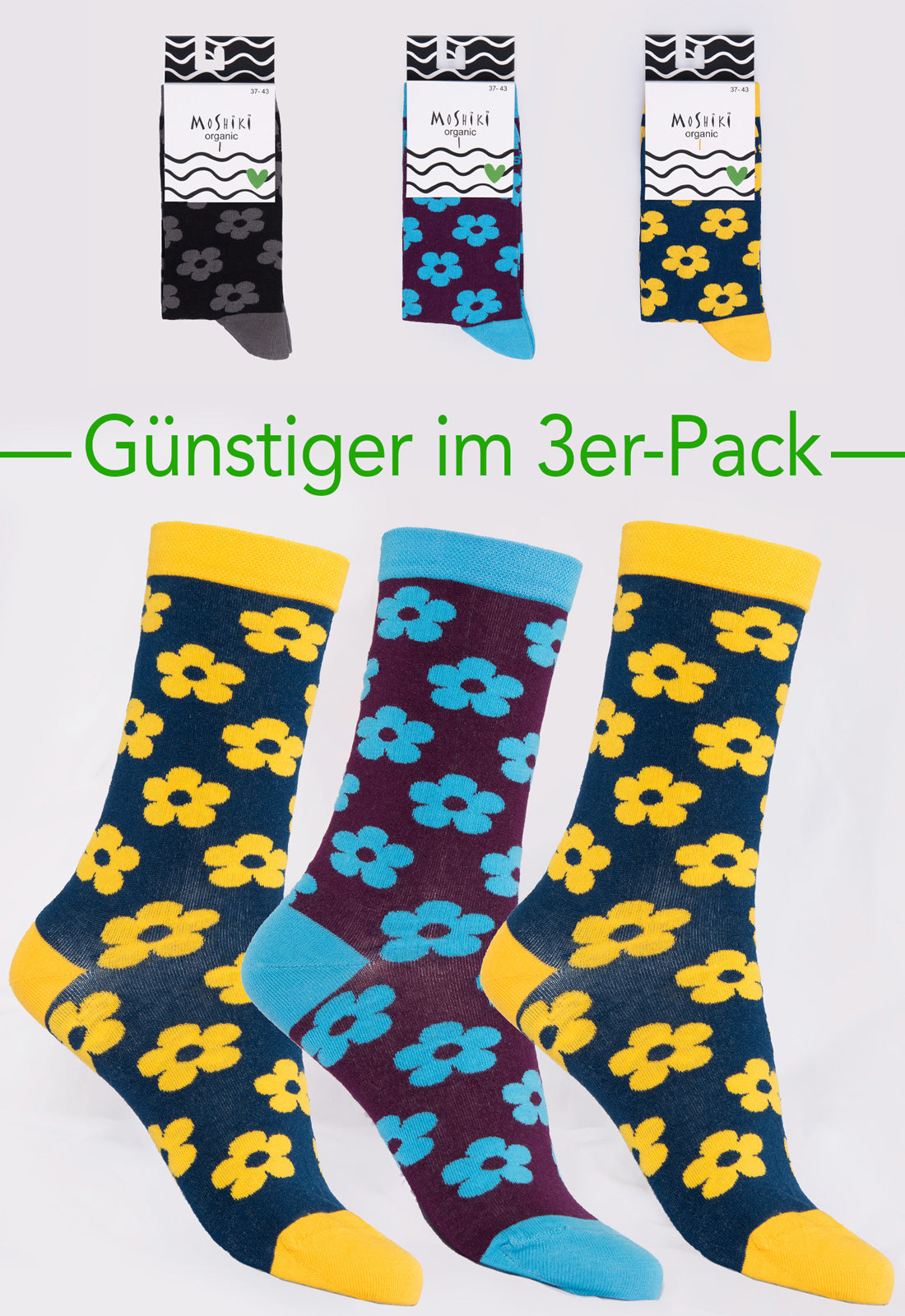 3-pack mix - socks made from organic cotton mix - Yofi Tofi Flowers