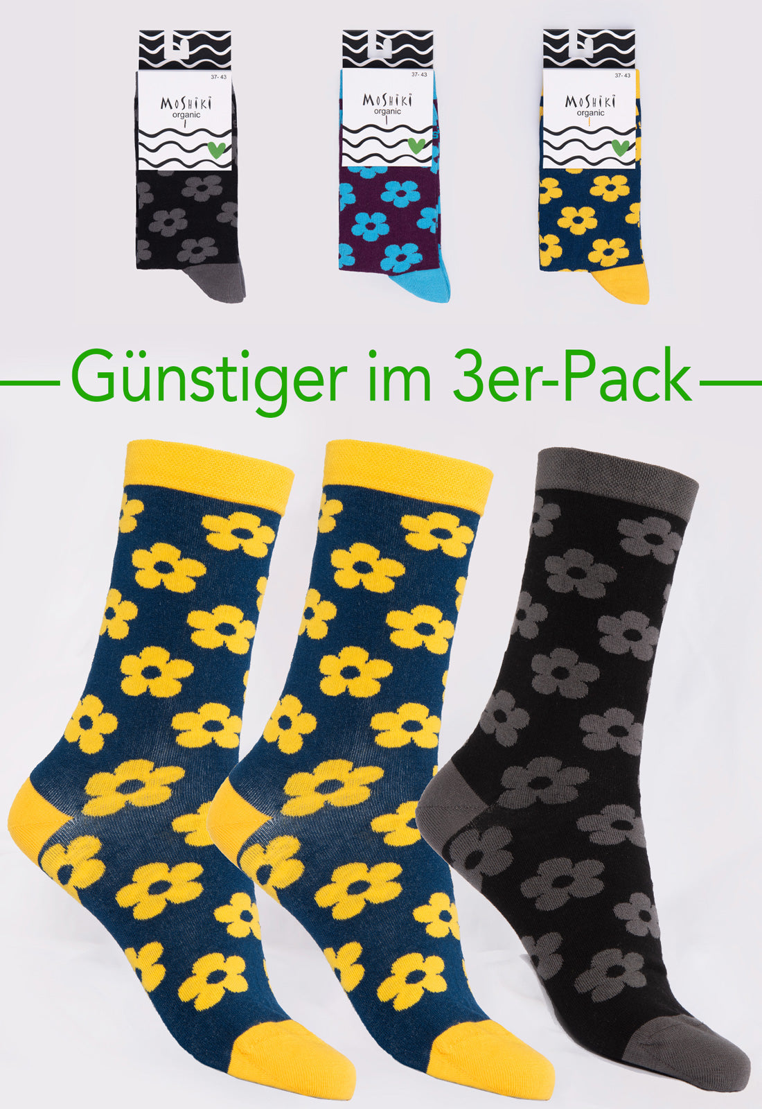 3-pack mix - socks made from organic cotton mix - Yofi Tofi Flowers