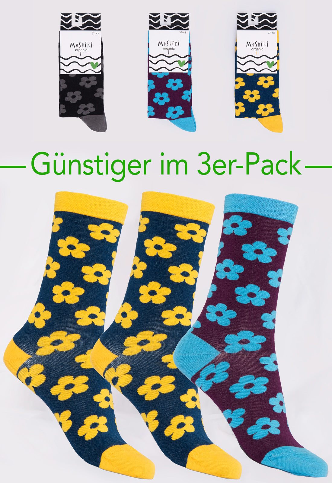 3-pack mix - socks made from organic cotton mix - Yofi Tofi Flowers